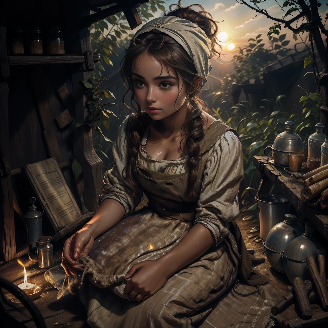 young woman with a *********** face , beautiful. Peasant, working in the field, sweating, marked breasts, At dusk, wavy brown hair,  with a headscarf.