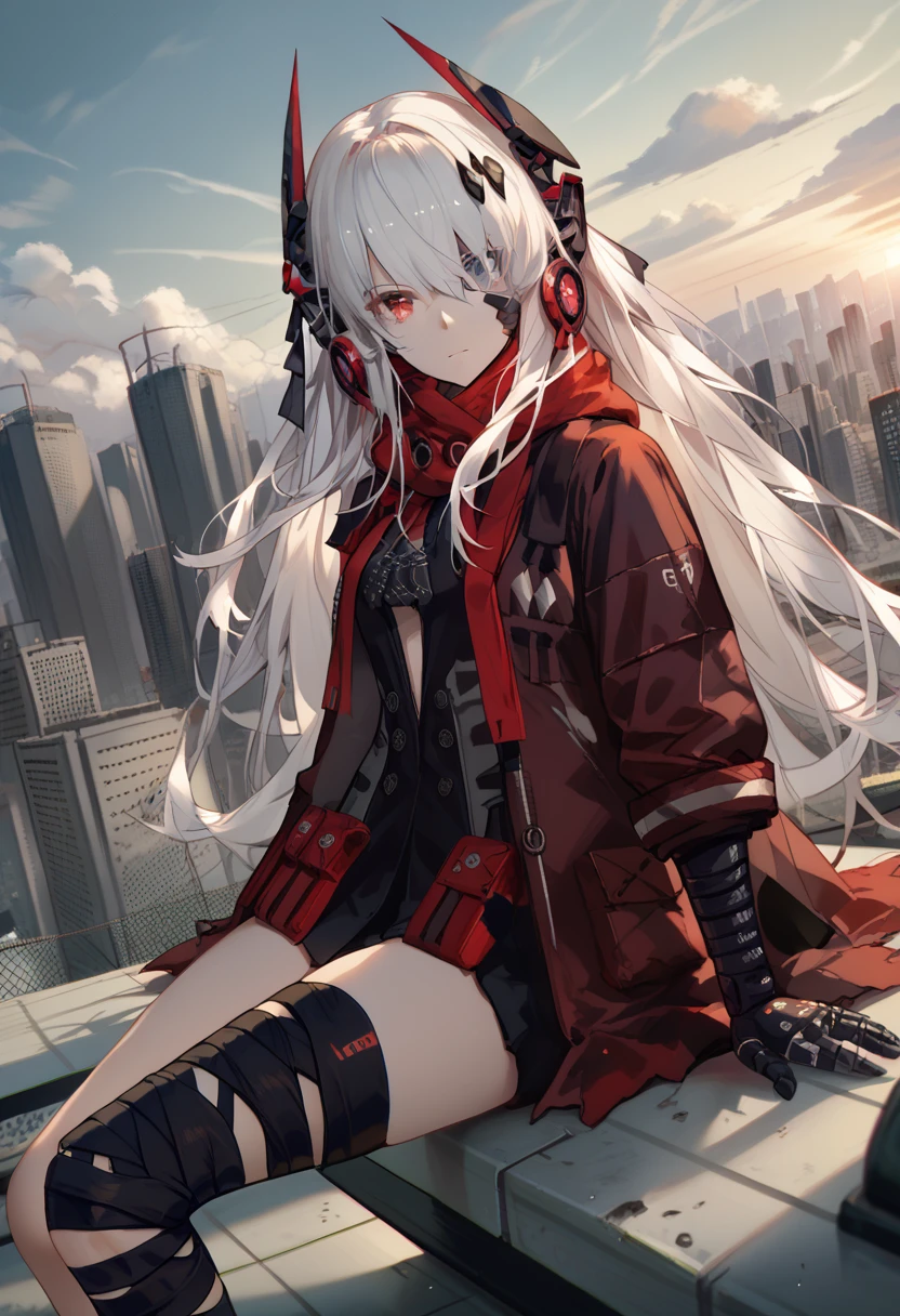 zPDXL2, score_9_up, score_8_up, score_7_up, (Anime_source), 1girl, CrimsonAbyss, Heterochromia, red eye, grey eye, white hair, Crimson clothes, headgear, (bandaged leg), cowboy shot, looking at viewer, sitting on roof, dutch angle floating hair, cyber city
