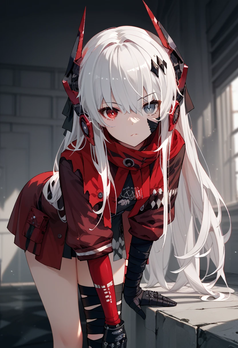 zPDXL2, score_9_up, score_8_up, score_7_up, (Anime_source), 1girl, CrimsonAbyss, Heterochromia, red eye, grey eye, white hair, Crimson clothes, headgear, (bandaged leg),leaning forward,looking at viewer,twisted head,consternation
