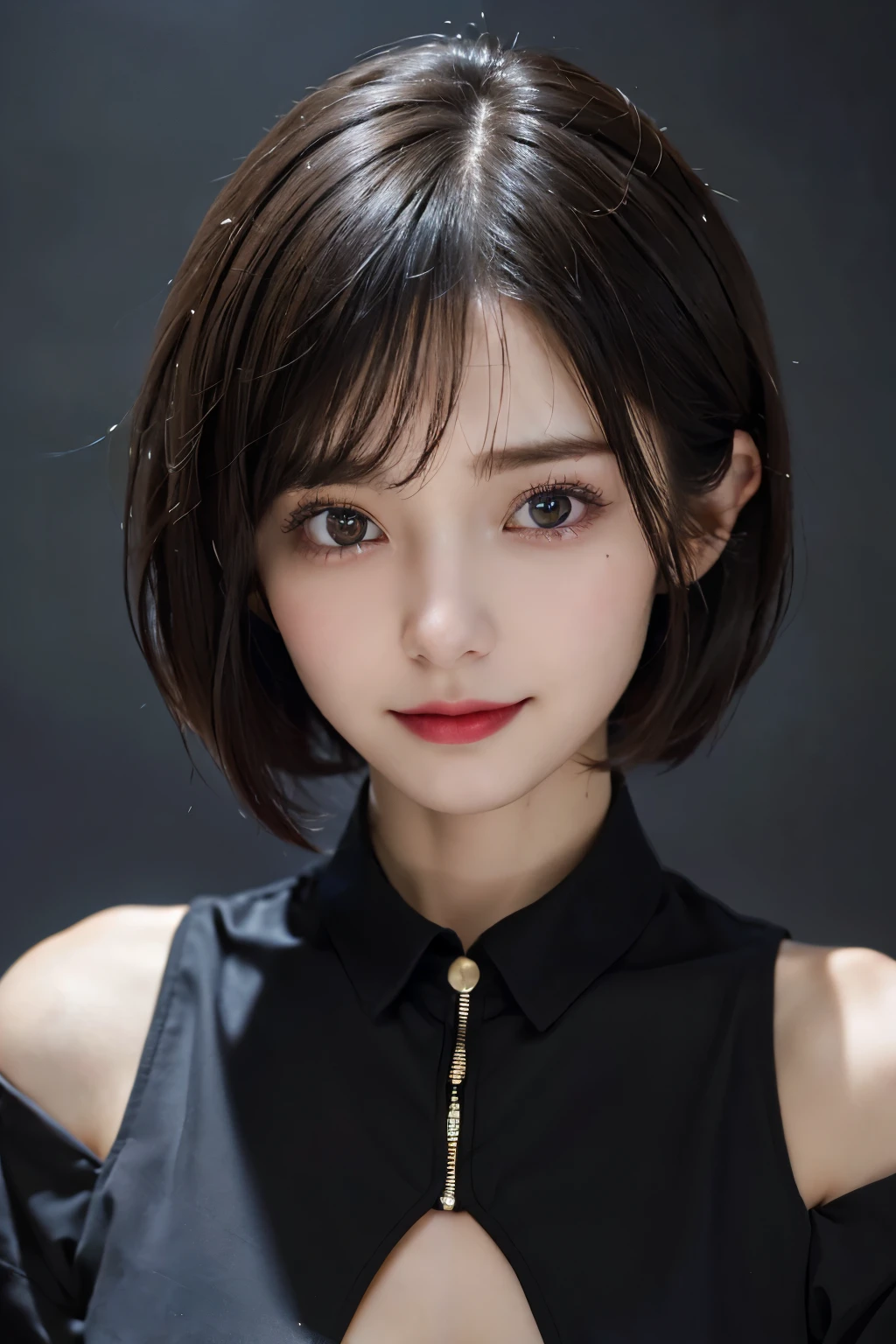 (masuter piece:1.3)、(8K、Photorealsitic、Raw photography、top-quality: 1.4)、(1girl in)、beautiful countenance、(Lifelike face)、(A dark-haired、short-hair:1.3)、Beautiful hairstyle、realisticeyes、Beautiful details、（real looking skin）、Beautiful skins、（Black shirt：1.6）、absurderes、enticing、超A high resolution、A hyper-realistic、high-detail、the golden ratio、Villain's smile