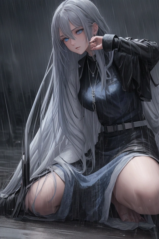 best quality, HD,  masterpiece,  Night,  outside,  rain,  Battlefield,   1 girl,  Paramedic,  black uniform ,   very very blue silver long hair,  , bluegrey eyes ,  necklace, Kamfpstiffel  ,person on the ground harden ,  fight around her , 