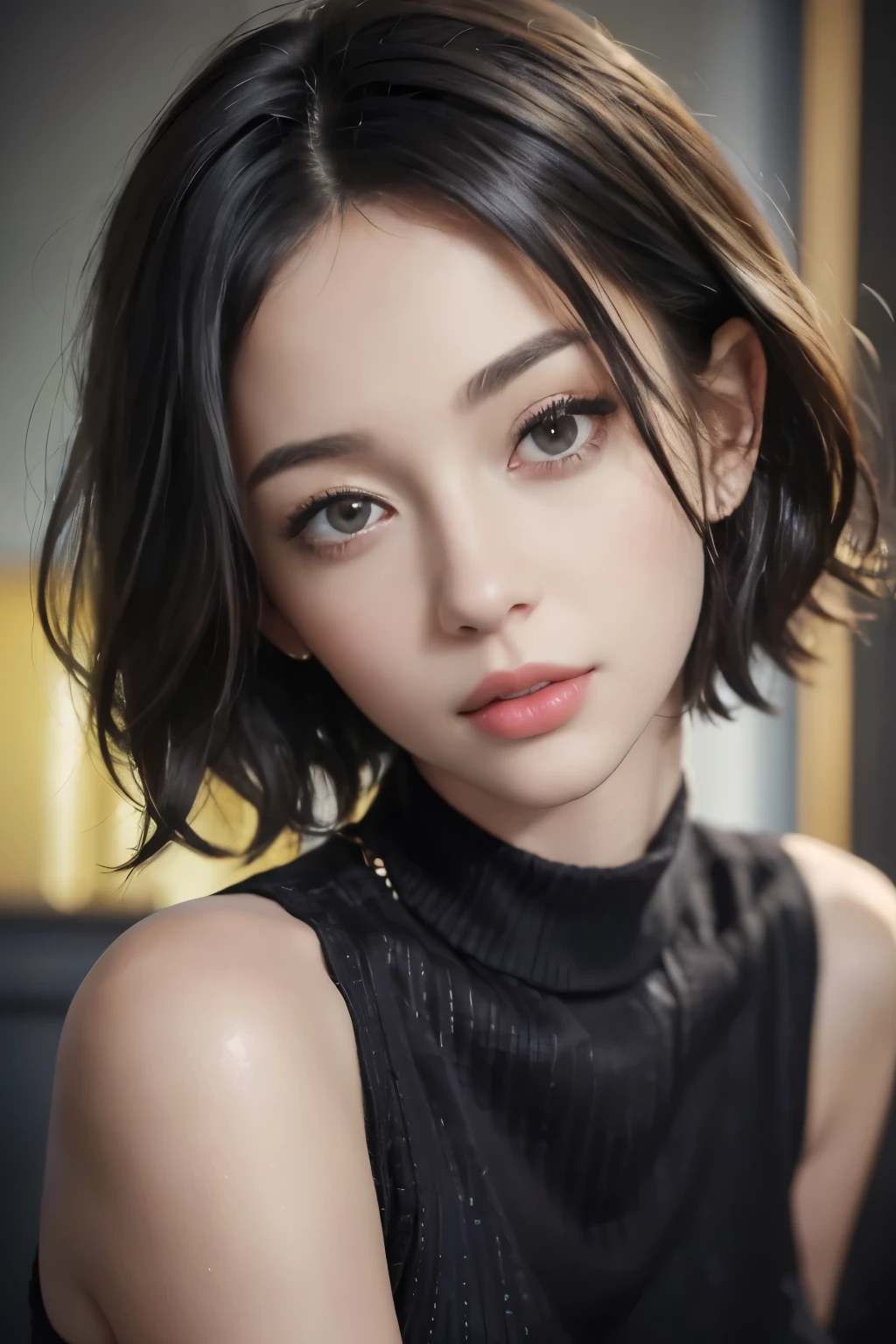 (masterpiece:1.3), (8k, photorealistic, RAW photo, best quality: 1.4), (1girl), beautiful face, (realistic face), (black hair, short hair:1.3), beautiful hairstyle, realistic eyes, beautiful detailed eyes, (realistic skin), beautiful skin, (sweater), absurdres, attractive, ultra high res, ultra realistic, highly detailed, golden ratio