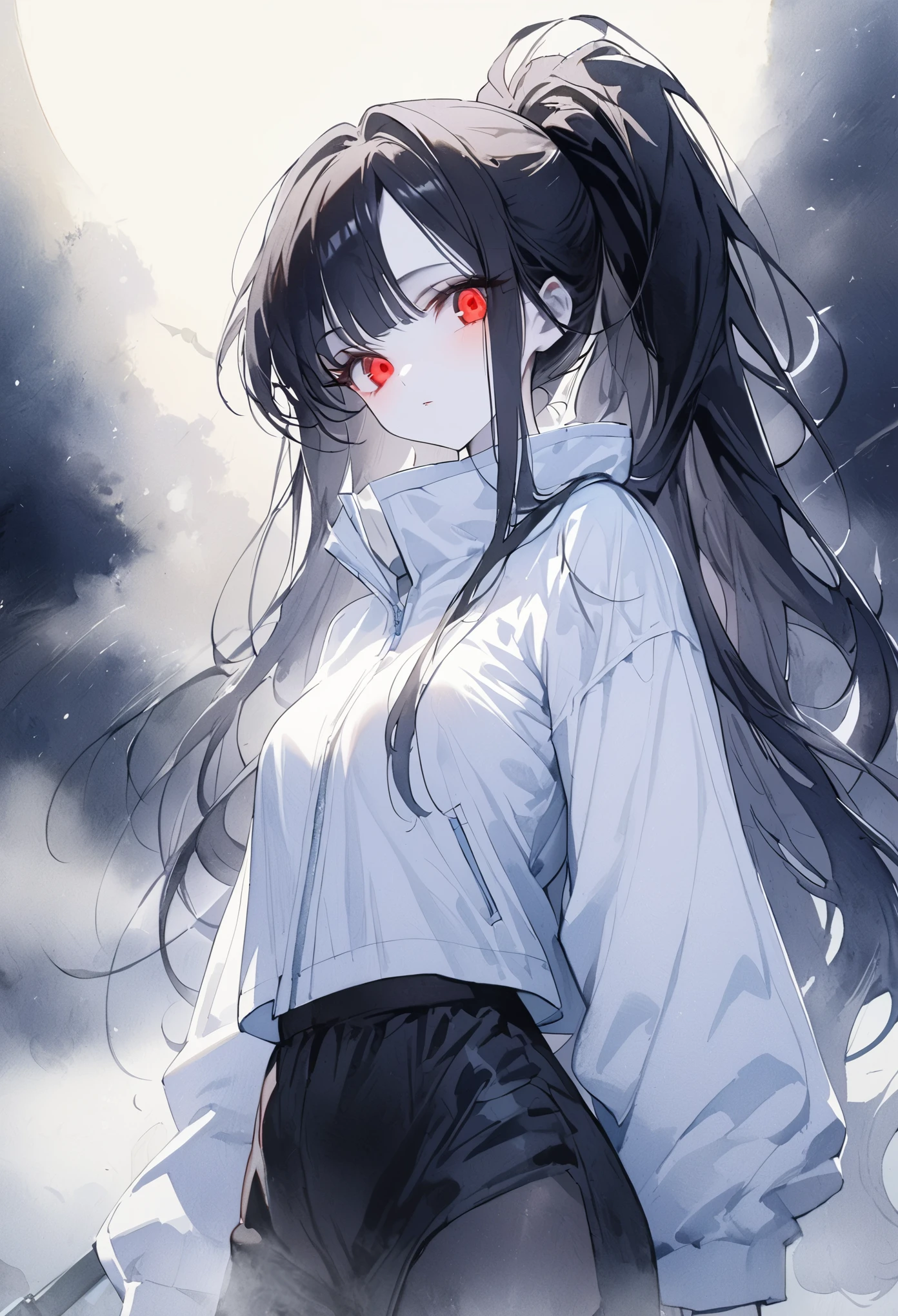 1 female, black hair, pony tail,long hair,red eyes,albino,Sneering,from front,couboy shot,(fog),{mist},white wind breaker, black culottes,white long boots,medium breast,dark background, black tone,moonlight, watercolor, masterpiece,best quality,ultra detail,beautifl detailed eyes, pale skin,tarrot,