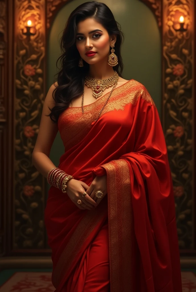 ((best quality)), ((masterpiece)), (detailed), perfect face aap Indian women an image of a woman in a red shirt with a necklace around her neck and, in red background, promotional photoshoot, solo photoshoot, Lizzy Ansingh, jewellery, hd picture, colorful with red hues, wearing jewellery, sultry look, wearing red clothes, wearing elegant jewellery, with lovely look, wearing a silk kurta, wearing a black and red suit, red jewelry, wearing gold jewellery, in crimson red, wearing a red outfit, photoshoot, wearing red