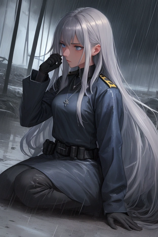 best quality, HD,  masterpiece,  Night,  outside,  rain,  Battlefield,   1 girl,  Paramedic,  black uniform ,   very very blue silver long hair,  , bluegrey eyes ,  necklace, Kamfpstiffel  ,person on the ground harden ,  fight around her , 