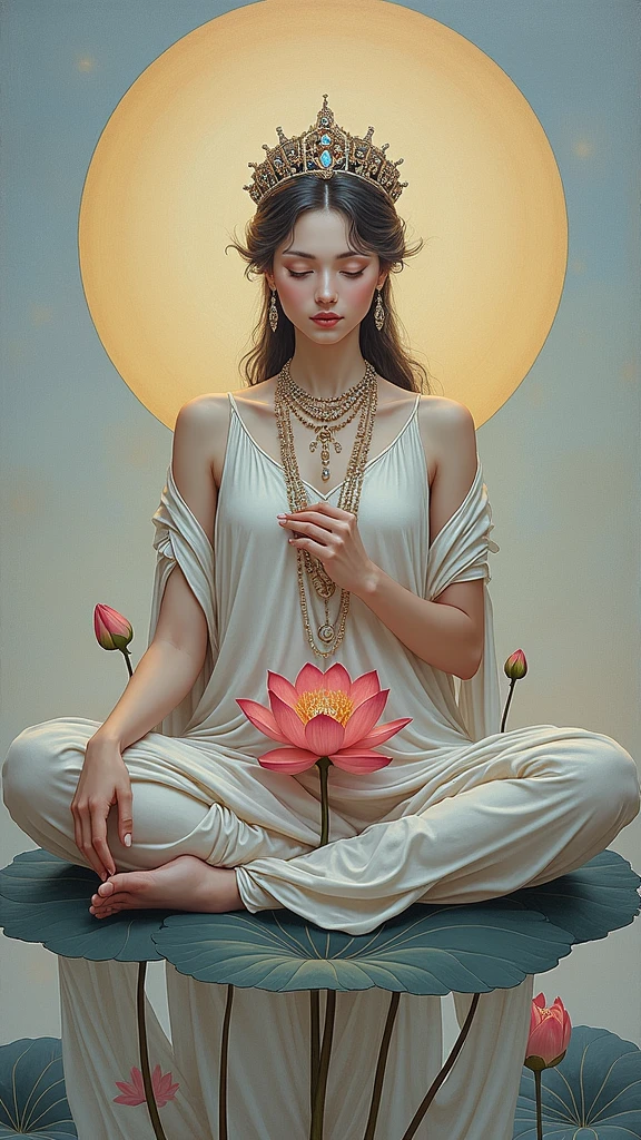 A goddess sitting on a lotus flower ， with a flower in her hand - SeaArt AI