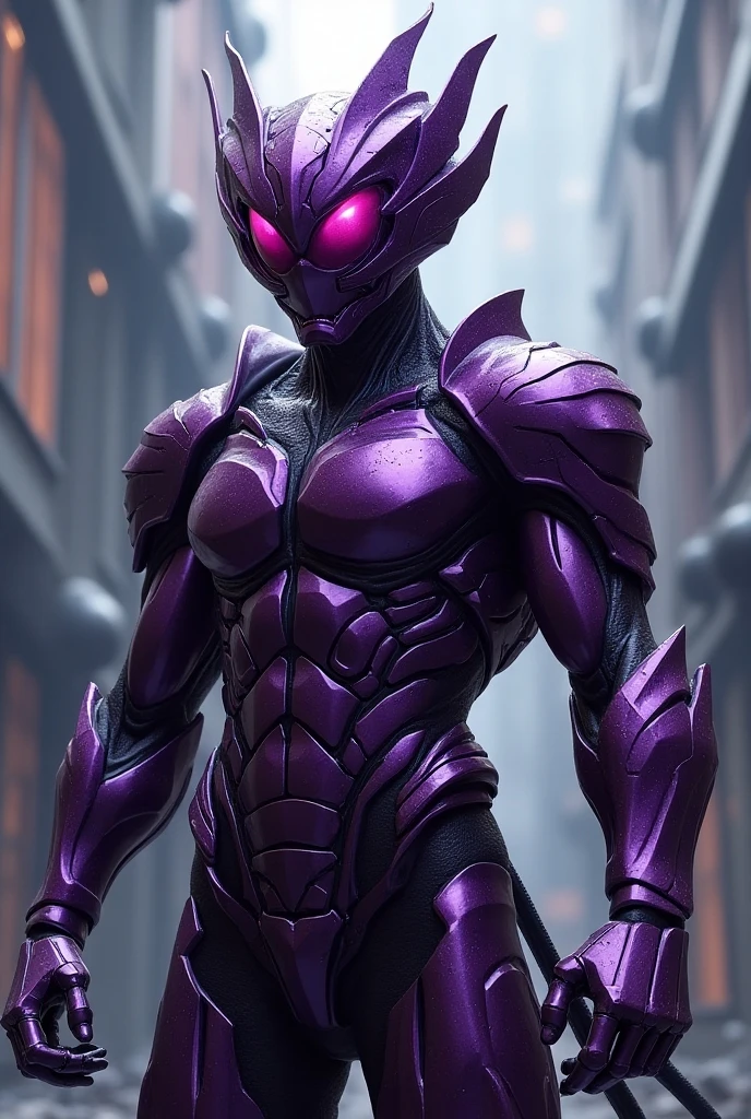 Alien del tipo gris, In magenta suit looking at the camera with friendly face.
