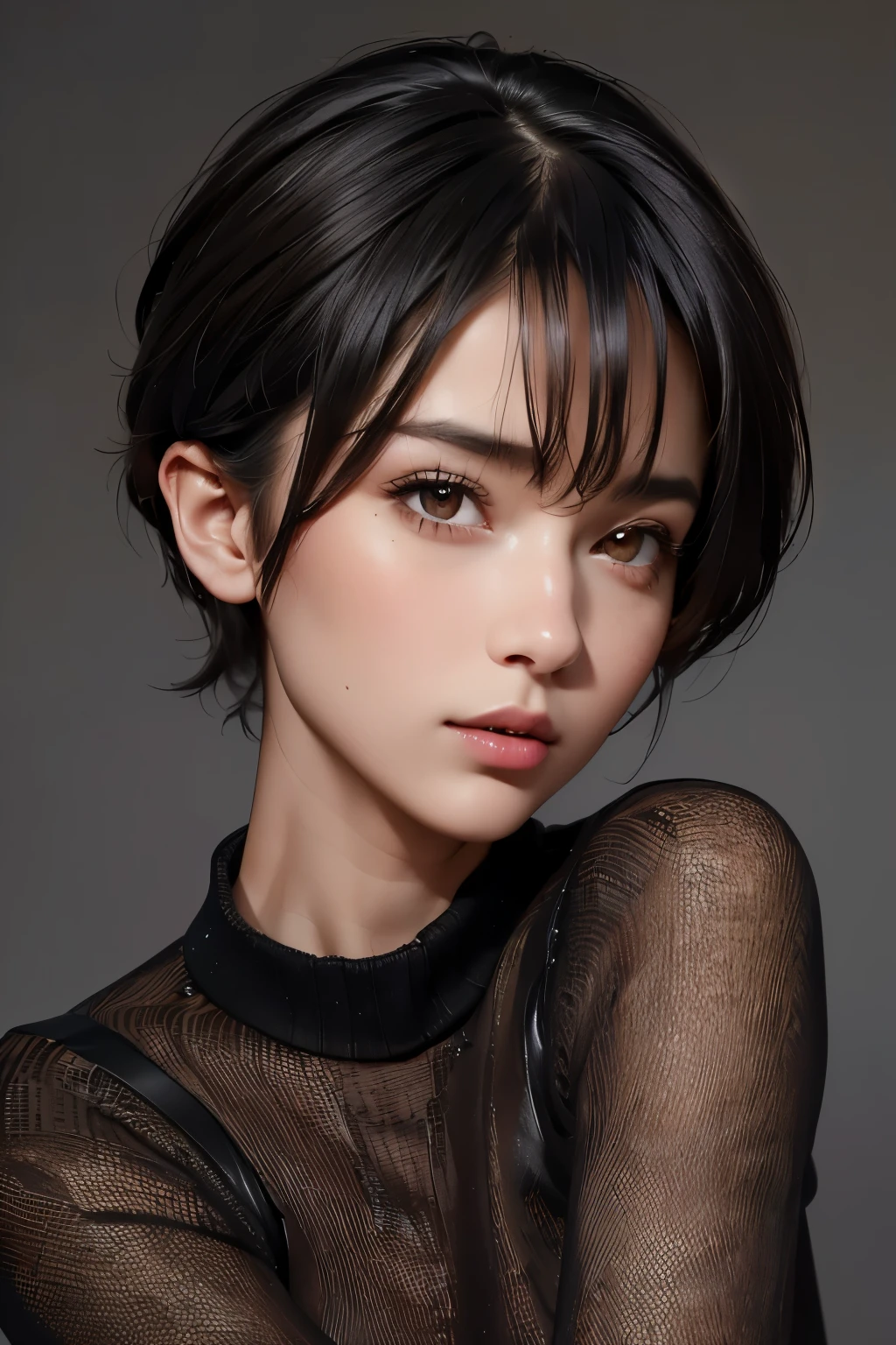 (masterpiece:1.3), (8k, photorealistic, RAW photo, best quality: 1.4), (1girl), beautiful face, (realistic face), (black hair, short hair:1.3), beautiful hairstyle, realistic eyes, beautiful detailed eyes, (realistic skin), beautiful skin, (sweater), absurdres, attractive, ultra high res, ultra realistic, highly detailed, golden ratio