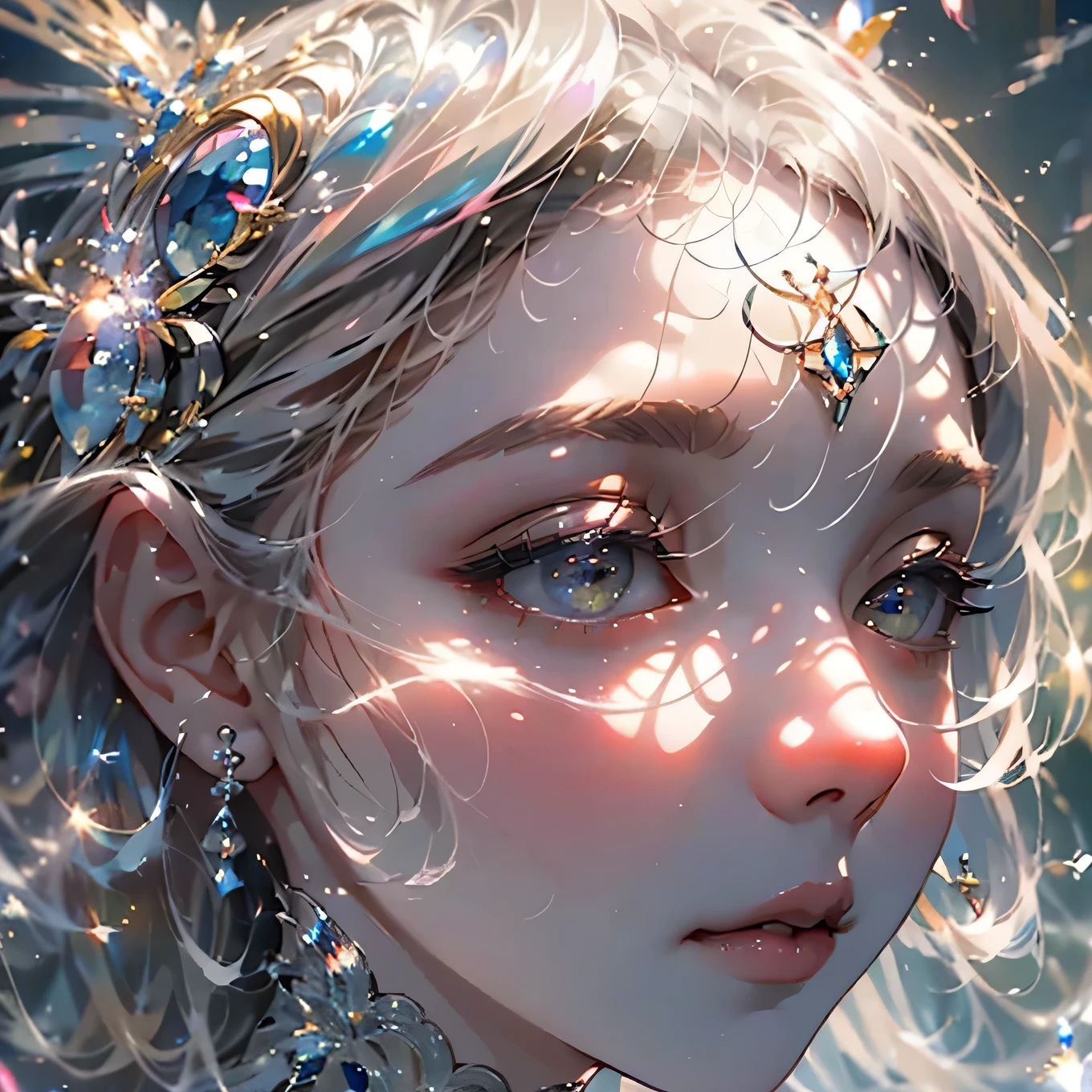 ((Masterpiece)), ((highres)), ((beautifully detailed women)), looking up, into the sky, detailed face, beautiful face, detailed eyes, long lashes, detailed skin, clear skin, pale skin almost pink, glaxy eyes, detailed elven features, pixie nose, eleven ears 