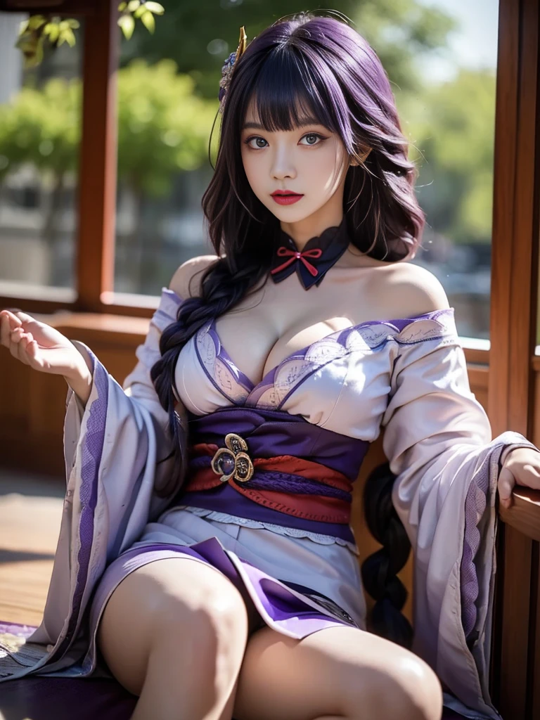 Raiden shogun, fine clothes, white clothes, blunt bangs, single braid, gigantic breasts, Kimono with wide cleavage and wide sleeves, Nice hair accessories for everyday clothing, red belt, purple hair, very long hair, straight hair, delicate face, cold face, looking at the audience, beautiful eyes, Delicate purple eyes, skirt, Cherry bloosom, Physically based rendering, original photo, highly detailed back ground, high resolution, view, front, face close-up, front lighting, realistic,