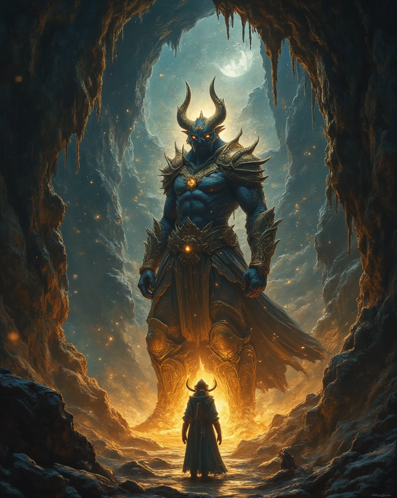 Bima, the Towering and Strongest Pandawa clan Knight, he contemplate in a cave full of firefly, his full body levitates away from the ground, his hum make the firefly dance in swirl, stalactite and stalagmite looks like a jaw, insanely detailed and intricate, masterpiece oil on canvas painting with Raden Saleh painting  style