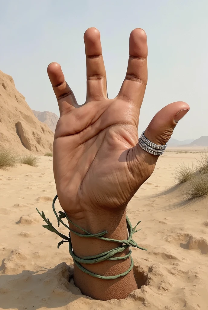 h4nd, perfect hand pointing the viewer, silver torn arabesque ring, emerging from the mud, grapevines wrap fingers and wrist, pianting brush strokes, pencil, sketch style, bottom point of view, desert background landscape.