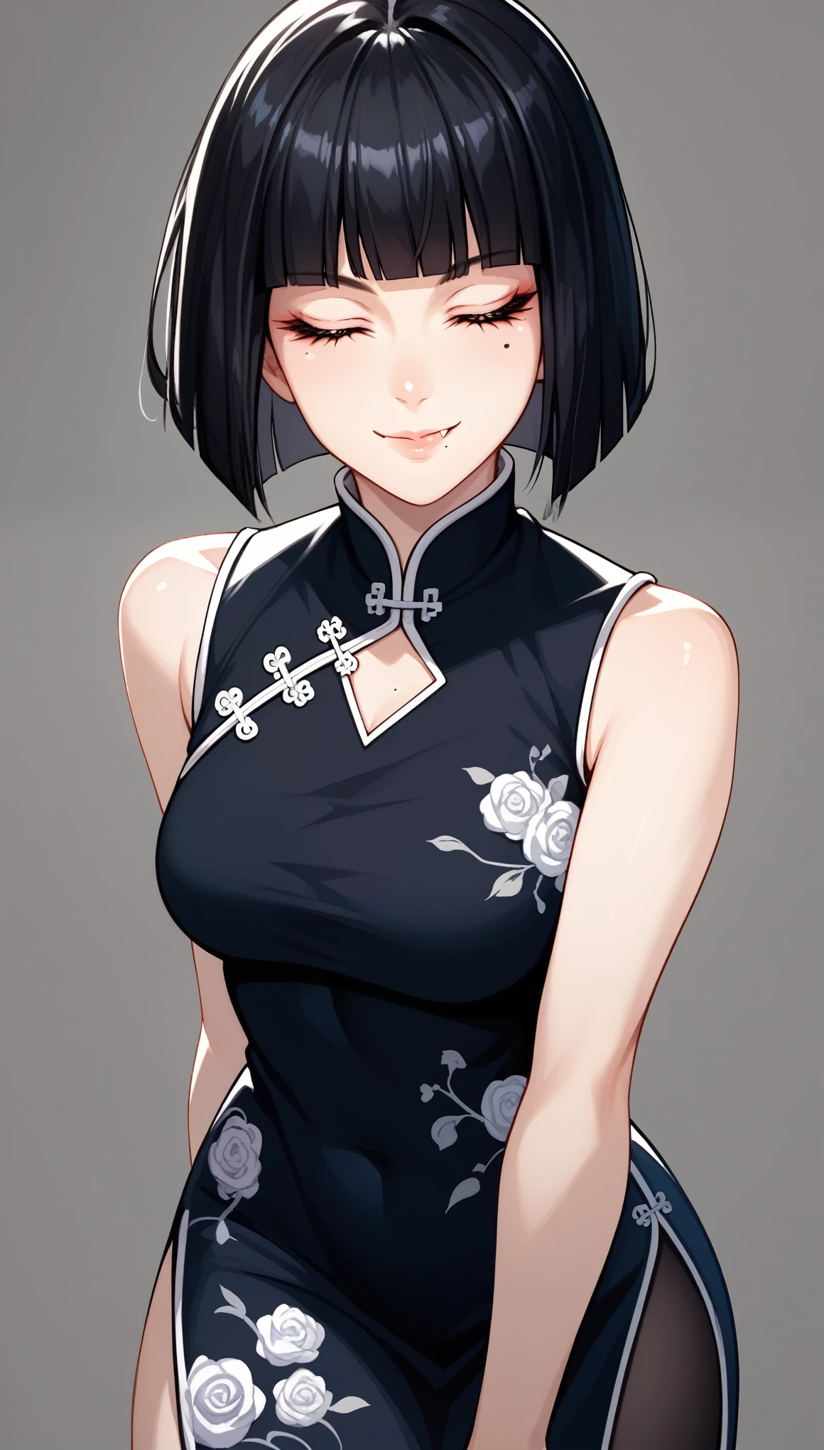 Anime Girls, beautiful detailed eyes, ultra-detailed, cowboy shot,
1girl. solo, lewd, ero, ecchi, sexy, facing viewer, looking at viewer,
closed eyes, smile, hime cut, bob cut, black hair, mole under eye, open mouse, fang,
china dress,
grey background, simple background,