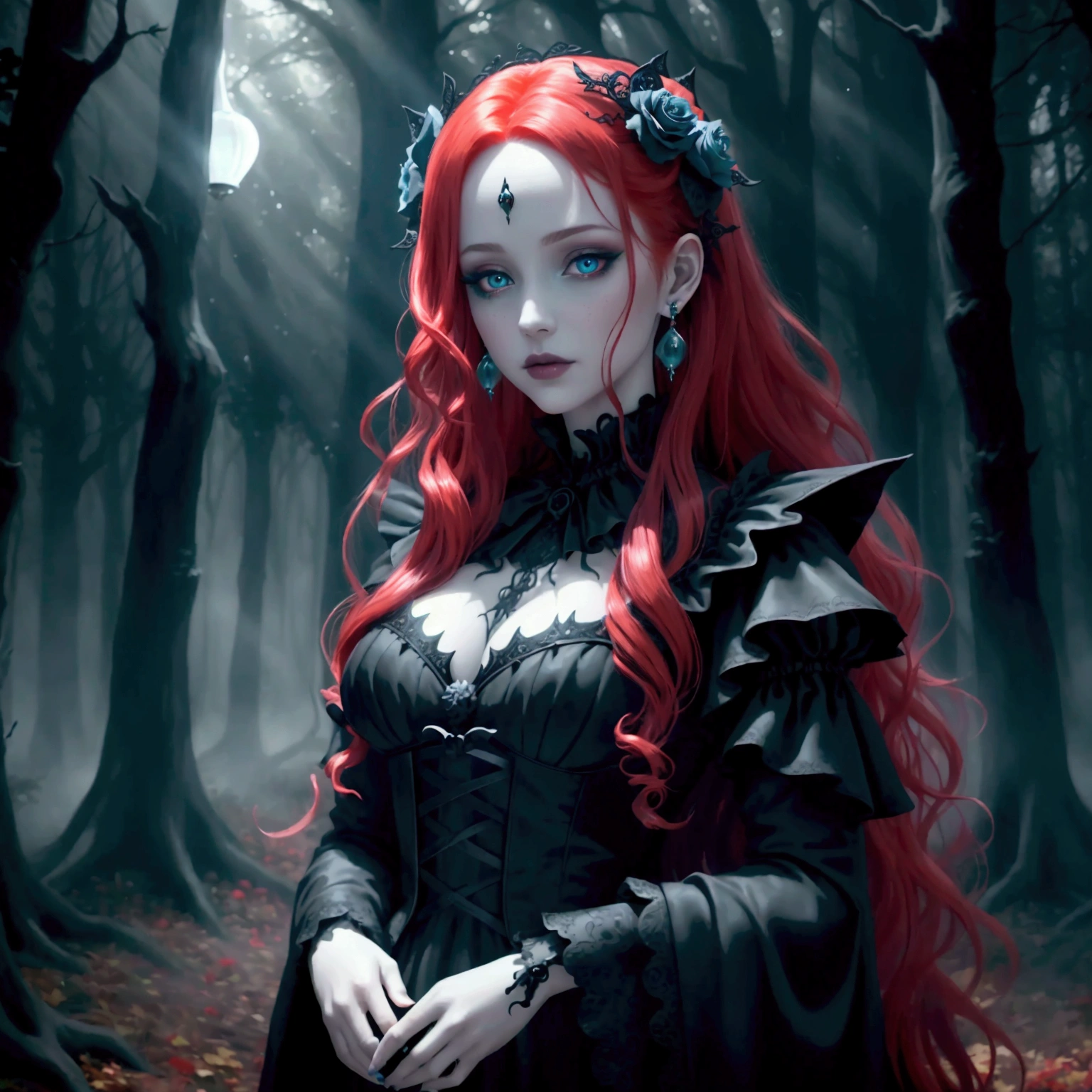 close up shot of an English woman with long wavy bright red hair posing surrounded by ghosts, hyper realistic, digital art, cover art, album art, ghosts, spectres, phantoms, enchanted forest, haunted forest, dark fantasy, dark, night sky, starry night sky, foggy, photoshopped image, bright, HD, detailed outfit, professional photography, small earrings, unique fantasy style, makeup, cool effects, digital painting, detailed face, defined face, close up, high quality, 8k, close up shot, centered in shot, best quality, highly detailed, detailed background, English girl has very long wavy vibrant unnatural rose red hair, fog, dark forest, posing surrounded by spectres and phantoms, dark fantasy, fantasy, gothic, gothic, fantasy, highly detailed gothic outfit, ethereal image, posing with glowing ball of white light in palms, ghostlights, holding ghost light, ghost lights, masterpiece, 8k, vibrant unnatural dyed red hair, rose red hair, realistic aqua eyes, realistic teal eyes, black gown, sheer gown, opaque spirits, surrounded by opaque spirits, realistic ghosts, realistic spirits, vibrant and unnatural red hair, Unnatural dyded red hair, rose red hair, scary ghosts, wispy ghosts, white ghostly wisps