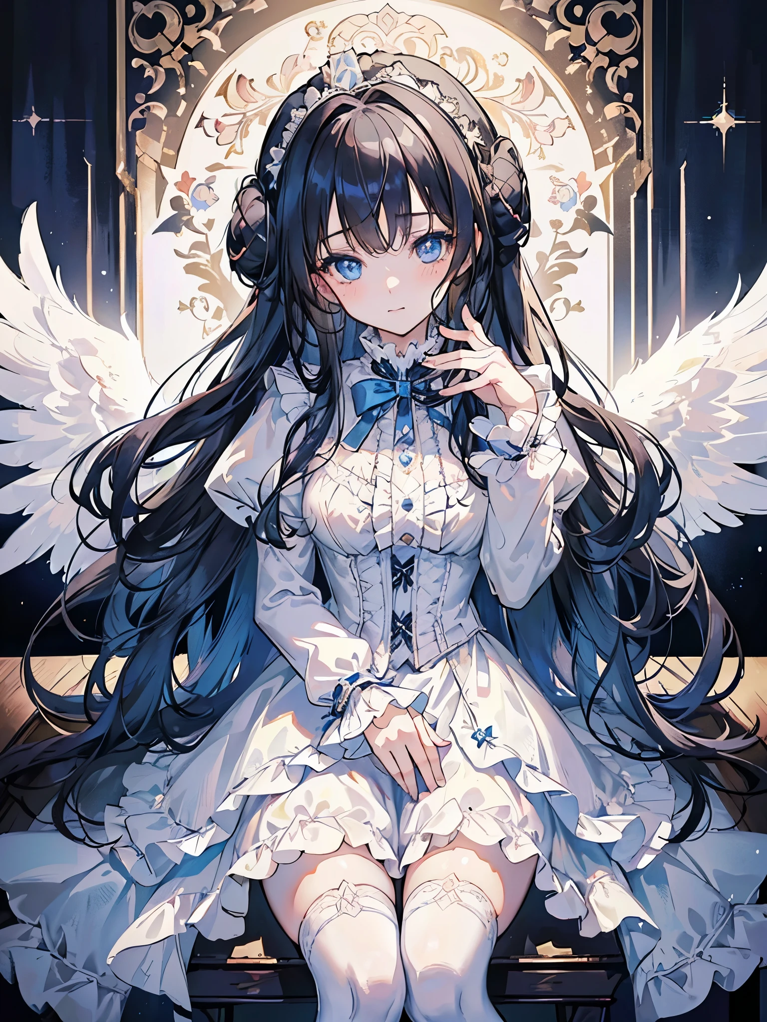 (masterpiece, best quality), warm lighting, blurry foreground, ((White ruff)), 1 girl, cowboy shot, ((victorian outfit)), (ta attire), (((fluffy hair))), makeup, finely detailed, (best quality), (intricate details), ((Long jet black hair)), ((Hair is fluffy)), best quality, ((Puffy long sleeve dress)), (white ruff), ((Thigh high socks)), ((socks are white)), ((round eyes)), beautiful face, cute face, pinup, perfect face, victorian background, (((blue eyes))), ((curly long hair)), ((Soft smile, happy)), Dress is long, sitting in desk chair, cure room