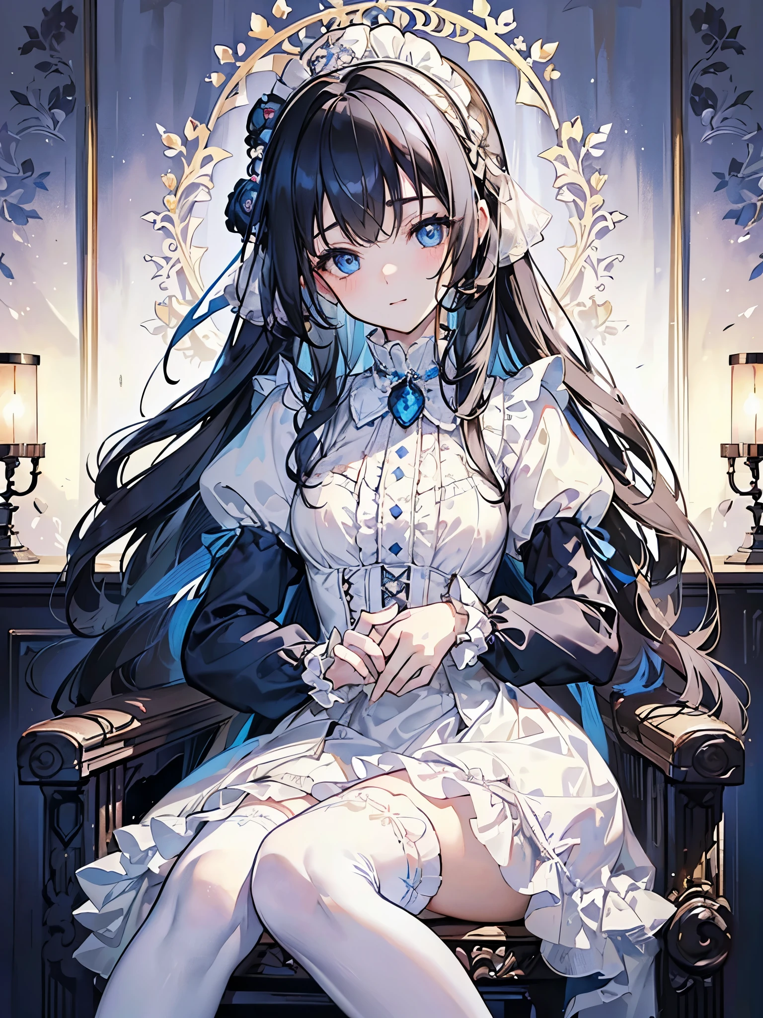 (masterpiece, best quality), warm lighting, blurry foreground, ((White ruff)), 1 girl, cowboy shot, ((victorian outfit)), (ta attire), (((fluffy hair))), makeup, finely detailed, (best quality), (intricate details), ((Long jet black hair)), ((Hair is fluffy)), best quality, ((Puffy long sleeve dress)), (white ruff), ((Thigh high socks)), ((socks are white)), ((round eyes)), beautiful face, cute face, pinup, perfect face, victorian background, (((blue eyes))), ((curly long hair)), ((Soft smile, happy)), Dress is long, sitting in desk chair, cure room