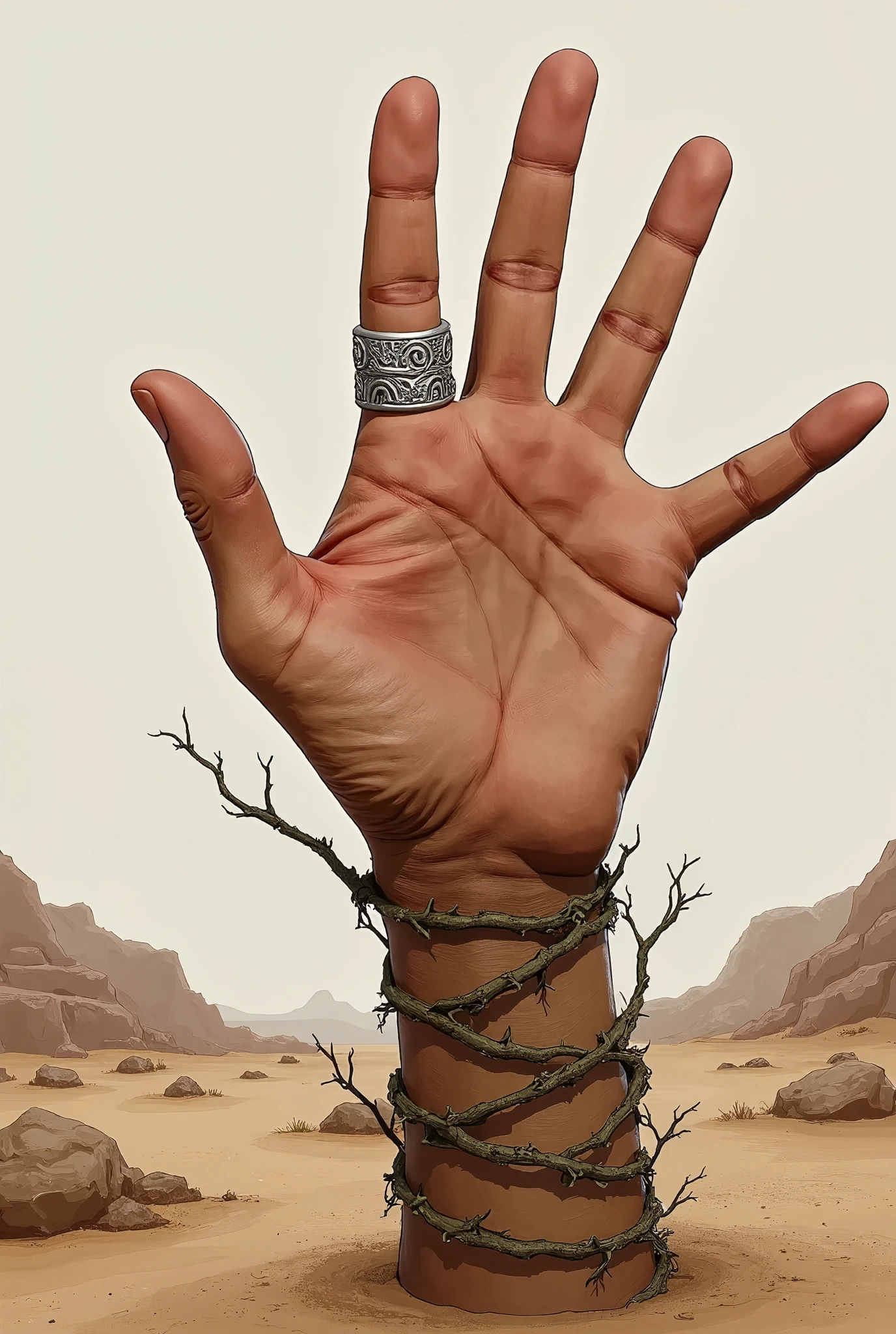 h4nd, perfect hand pointing the viewer, silver torn arabesque ring, emerging from the mud, grapevines wrap fingers and wrist, pianting brush strokes, pencil, sketch style, bottom point of view, desert background landscape.