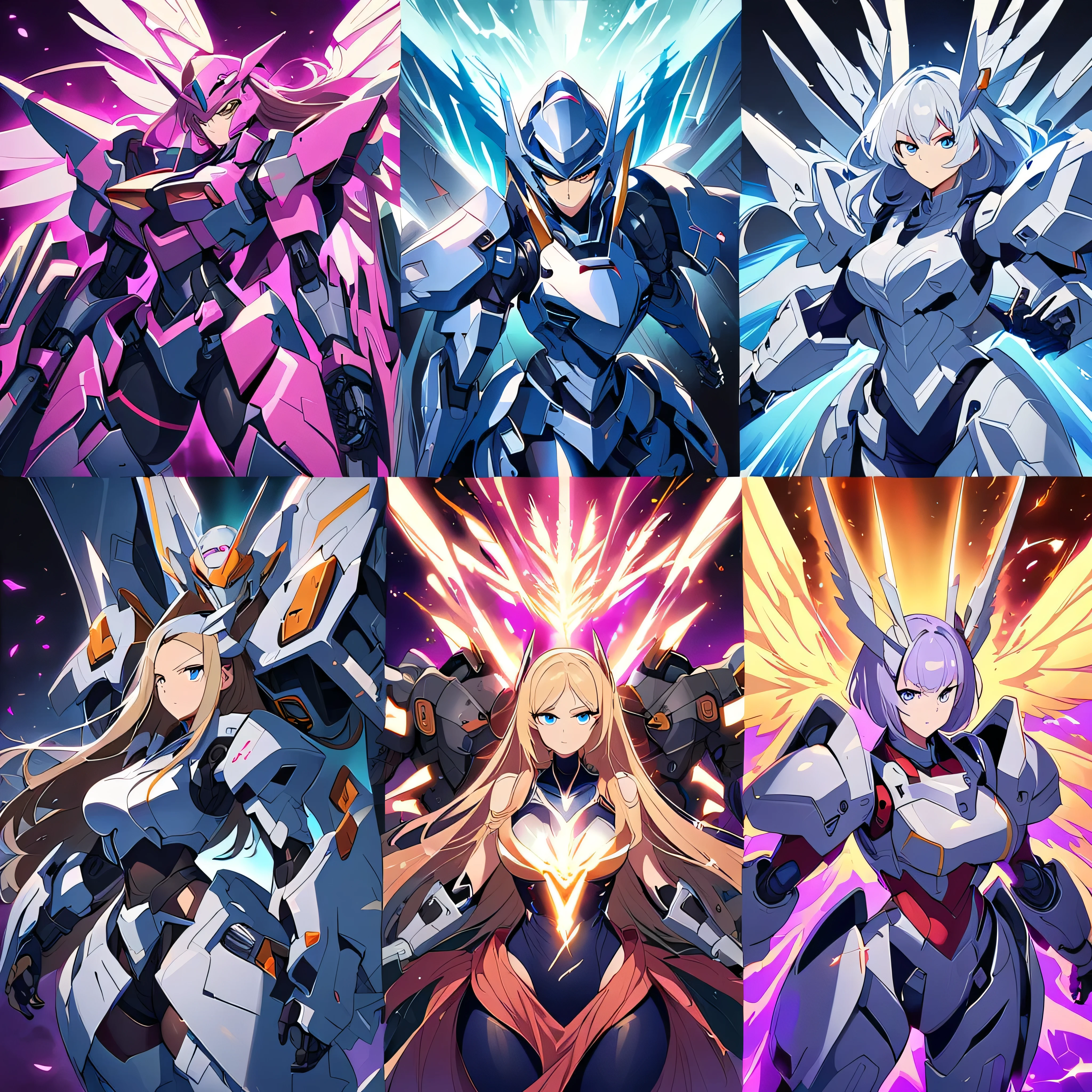 Anime, high detailed, multiple womans, mature womans, platinum-like mecha armor, large mechanical wings, large Gauntlet, serious, curvy body, long mechanical wings, mecha weapons、Colored armors、magenta Colored aura、BLUE Eyes, elongated pupils,  Mature Woman、magenta aura、womans surrounding, background a crumbled city