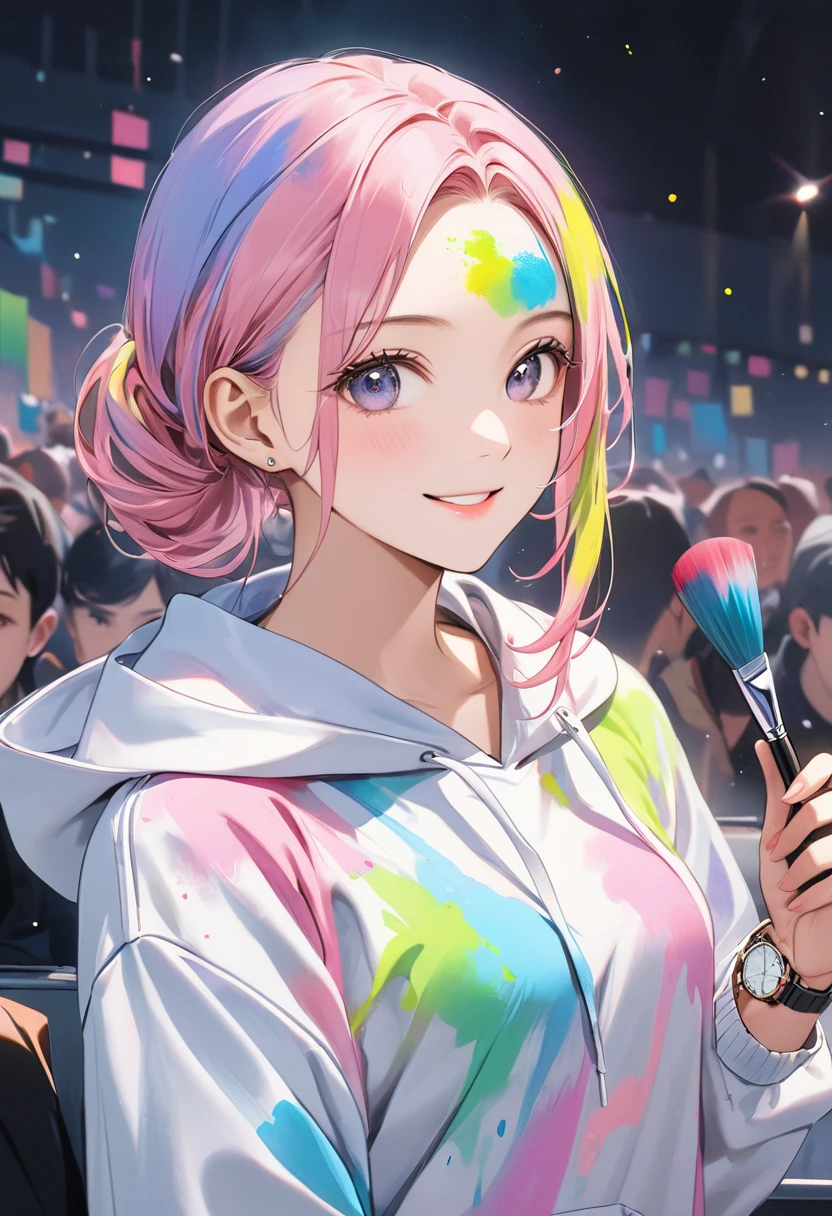 pastel, 1 woman,smile, hoodie ,Stained with paint ,Colorful paint,The background is white, Put some paint on your forehead , like drawing a picture with a brush,masterpiece,Best Quality,Exquisite,8k, absurd, super detailed illustration ,(Watch the audience)