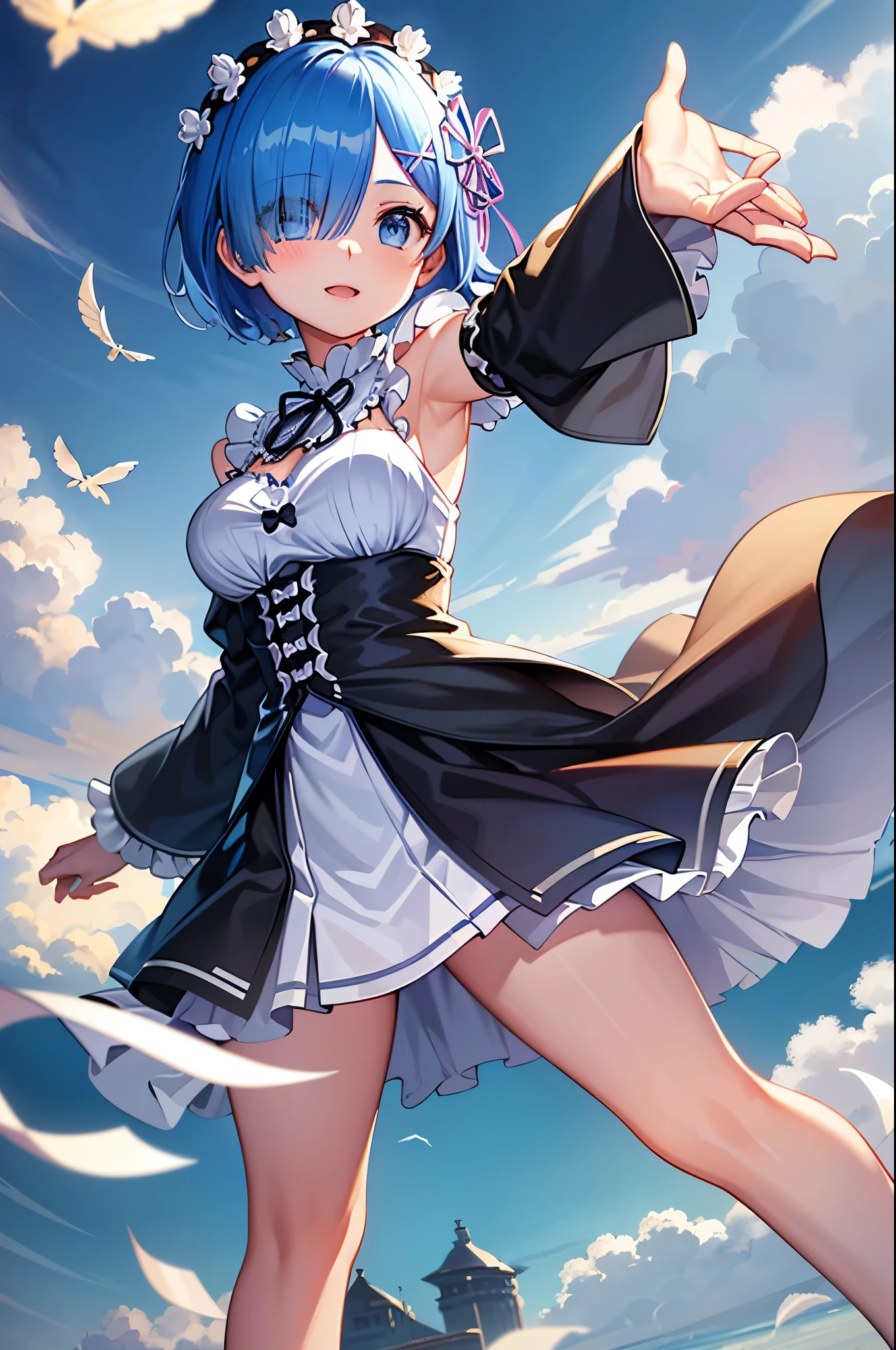 Best Quality, (Extremely detailed: 1.5), masutepiece, 超A high resolution,(photographrealistic:1.4), 1 girl, Cowboy Shot, (G-string underwear:1.4), (Wear battle armor:1.6), (Floral light blue kimono:1.6), (maid:1.6), Light blue maid micro skirt, Light blue hair, (hair messy:1.2), (two side up:1.6), (Big eyes:1.1), (Raw feet:1.3), Wind, Dynamic Angle, Cute Pose, From above