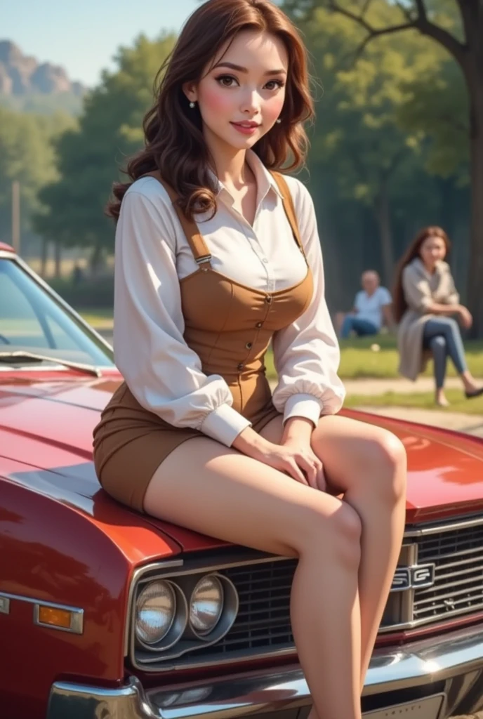 a woman sitting on the back of a car, automotive photography, inspired by Aaron Bohrod, inspired by Otto Eckmann, inspired by the Brothers Hildebrandt, classic cars, inspired by James Gurney, classic car, inspired by Brothers Hildebrandt, postprocessed, by John La Gatta, by Jason Felix, car photography, photobashing