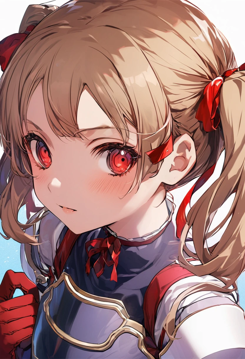 a beautiful detailed girl with brown medium hair in twin tails, wearing red gloves, an armored chest plate, off-shoulder outfit, hair ribbons, red eyes, solo portrait