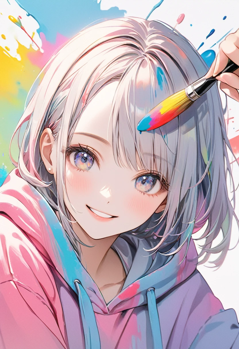 pastel, 1 woman,smile, hoodie ,Stained with paint ,Colorful paint,The background is white, Put some paint on your forehead , like drawing a picture with a brush,masterpiece,Best Quality,Exquisite,8k, absurd, super detailed illustration ,(Watch the audience)