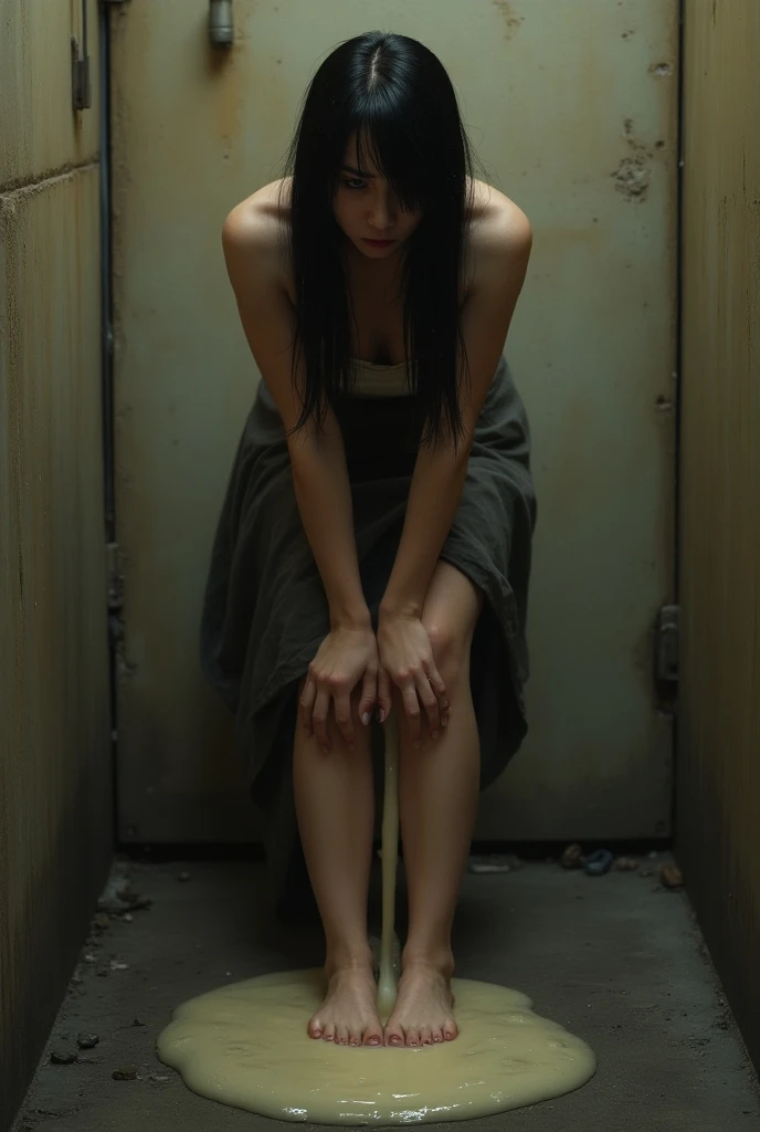 (A teen girl) (peeing & pooping, urgently) Hiding behind alley)(Realistic) (peeing and pooping in a corner of an alleyway) (she pulls down underwear and pants to the floor) (squatting down) (pee stains) ( peeing dripping)、フロアーにブラジャーとパンティーが捨てられている