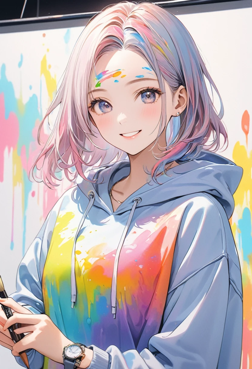 pastel, 1 woman,smile, hoodie ,Stained with paint ,Colorful paint,The background is white, Put some paint on your forehead , like drawing a picture with a brush,masterpiece,Best Quality,Exquisite,8k, absurd, super detailed illustration ,(Watch the audience)