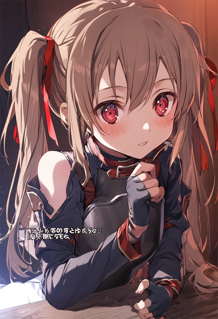 silica,  1 girl, Brown Hair,  medium hair , twin tails, armor, Red eyes, gloves, breastplate, short  twin tails,   fingerless gloves,  Shoulder , off  Shoulder ,   Hair Ribbon , Red ribbon, Alone, 