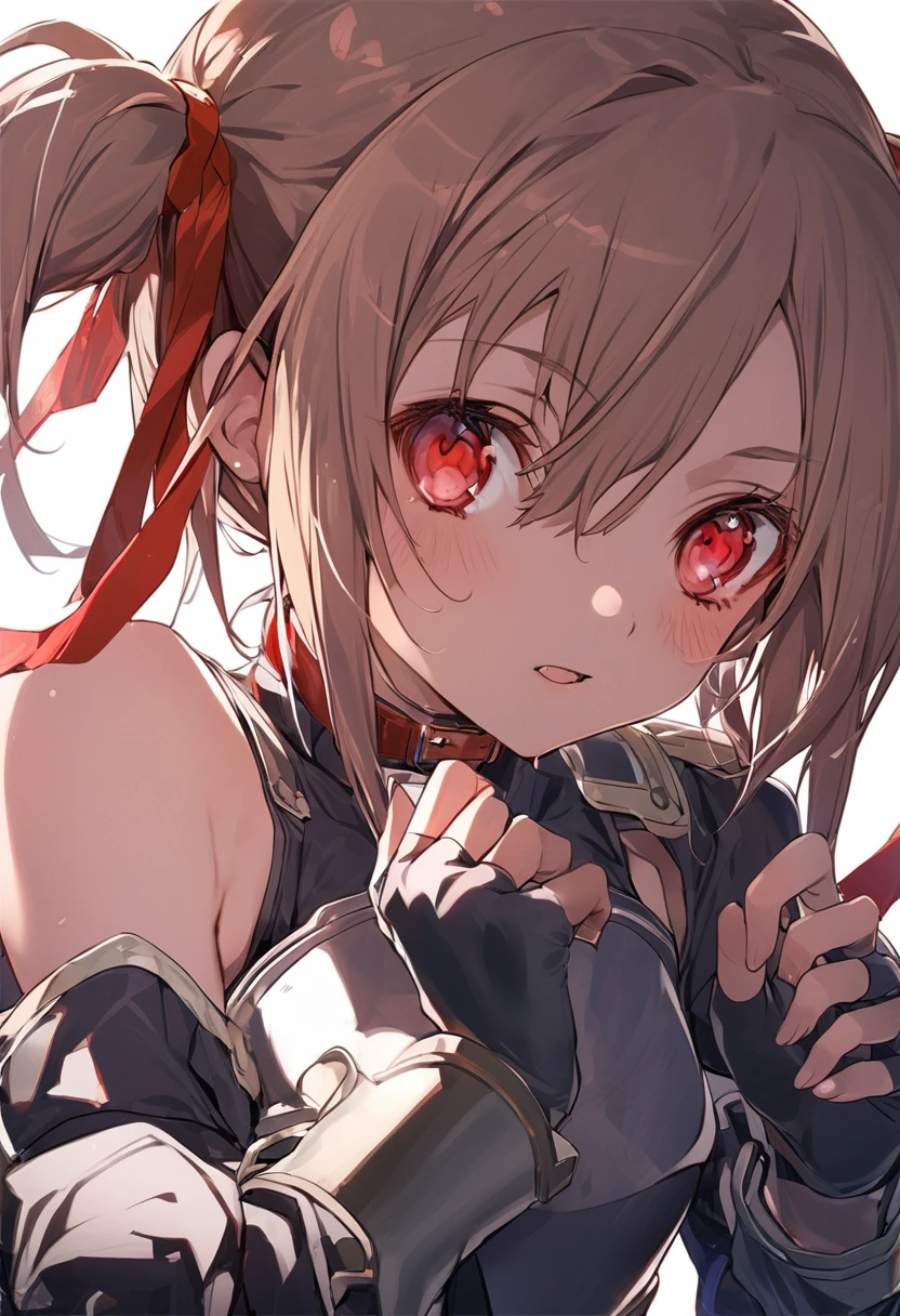 silica,  1 girl, Brown Hair,  medium hair , twin tails, armor, Red eyes, gloves, breastplate, short  twin tails,   fingerless gloves,  Shoulder , off  Shoulder ,   Hair Ribbon , Red ribbon, Alone, 