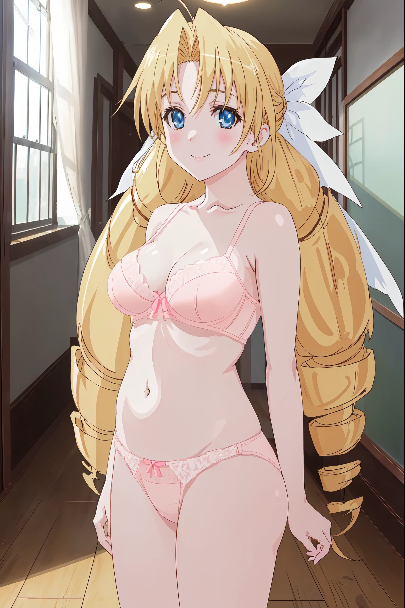 sernia_iori_flameheart,(blonde hair,drill hair,twin drill,large drill,hair ribbon, long hair),large breasts,NSFW,(Portrait),face Focus,close up,short torso,Perfect Lighting,topless,nude,(nipples),,anime screen cap,Flat color,cel shading,smile,, (underwear:1.2), (strong light)、((brighten the subject)),blush,curby:1.2,(white lace panties),(bedroom,on bed,sitting),((perfect anatomy,five fingers)),sexy pose