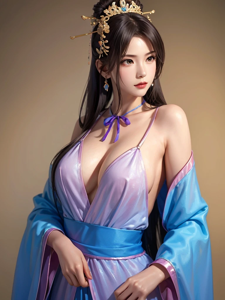 ancient chinese princess ， A girl wearing Hanfu, visual audience，,  beautiful girl 、Delicate body, Exquisite Eyes , Big 、Long hair,、Hair accessories Han Dynasty、Eternal,whole body、Lower Body，Three Kingdoms， (solid color background,,  simple background), Smoky environment, Adds a touch of mystery and drama to the scene. Soft and even lighting, Casts soft shadows, Create an atmosphere of seriousness and focus.