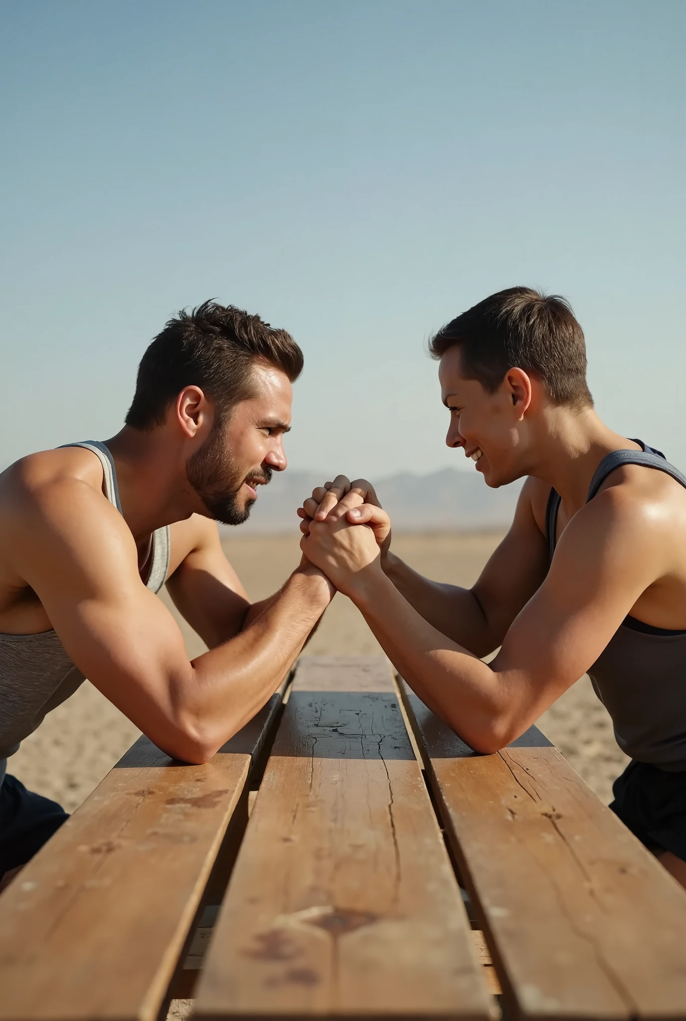 h4nd, a very thin man does arm wrestling against a chubby woman, (arm wrestling onto a table), sweat runs over their bodies, they wear a tank top and sports shorts. The effort is clear and blatant., bottom point of view, photographic shot. very realistic photo., desert background landscape.