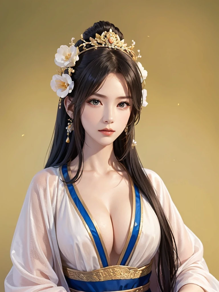 ancient chinese princess ， A girl wearing Hanfu, visual audience，,  beautiful girl 、Delicate body, Exquisite Eyes , Big 、Long hair,、Hair accessories Han Dynasty、Eternal,whole body、Lower Body，Three Kingdoms， (solid color background,,  simple background), Smoky environment, Adds a touch of mystery and drama to the scene. Soft and even lighting, Casts soft shadows, Create an atmosphere of seriousness and focus.