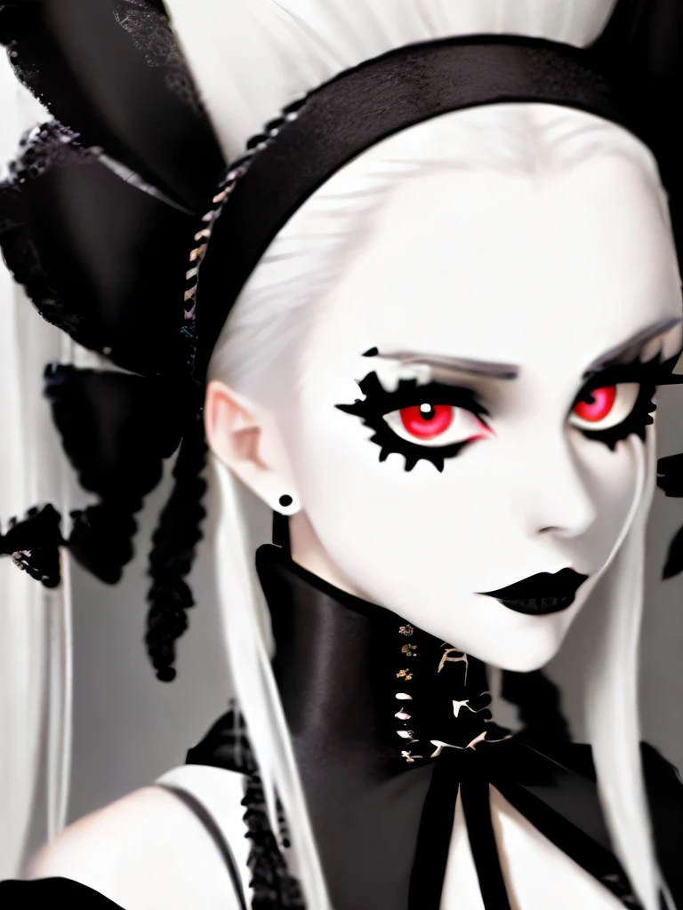 a close up of a woman with long white hair and black gloves, pale goth beauty, goth girl aesthetic, goth aesthetic, goth makeup, gothic aesthetic, gothic makeup, perfect white haired girl, intense white hair, killstar, gothic eyeliner, cruel korean goth girl, wearing goth makeup, goth asthetics, gothic horror vibes, with long white hair