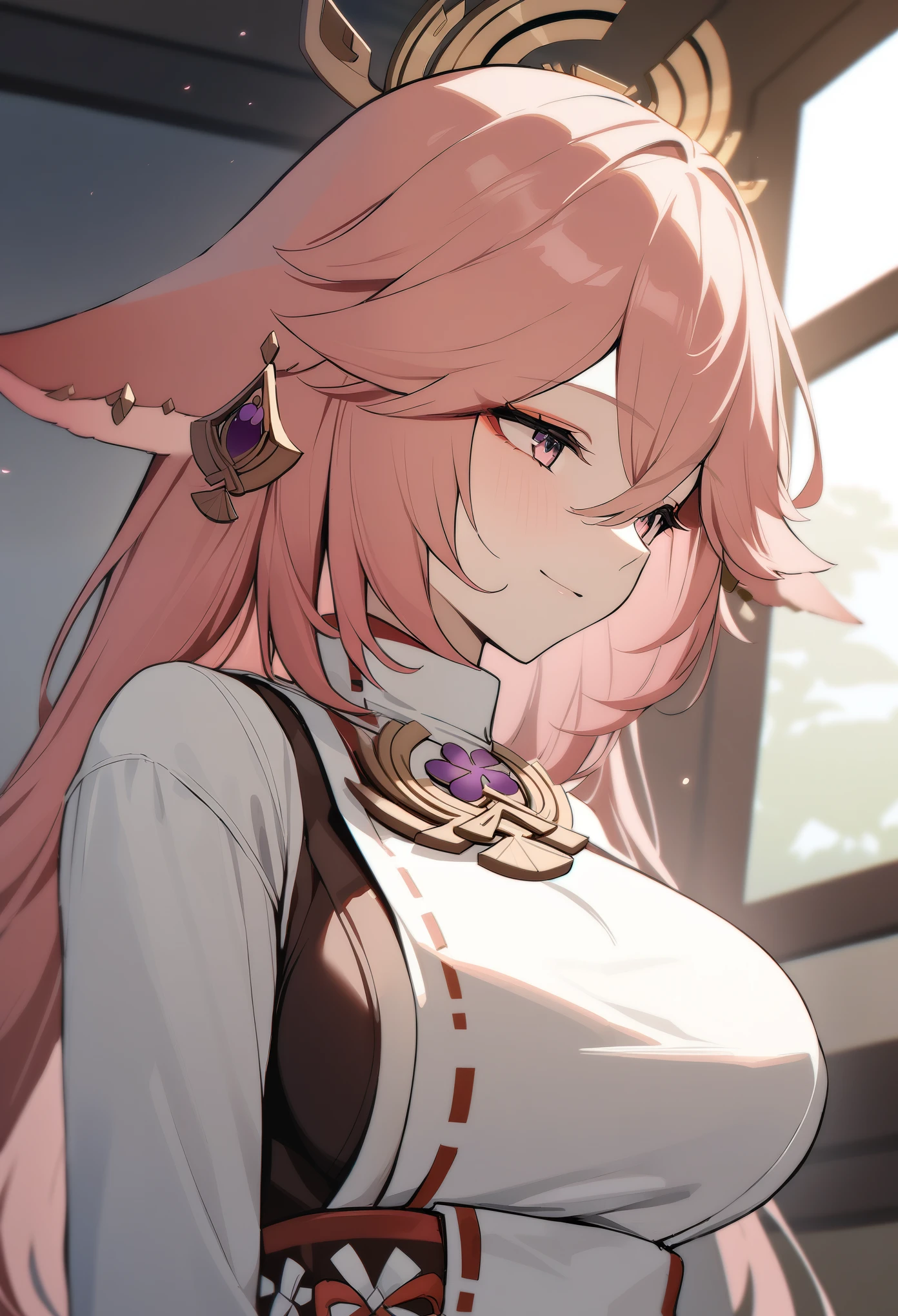 1 girl, sim miko, impacto genshin,  upper body , pink hair,  very long hair , fox ears, white shirt, breasts, light smile, cinematic angle, masterpiece, best quality