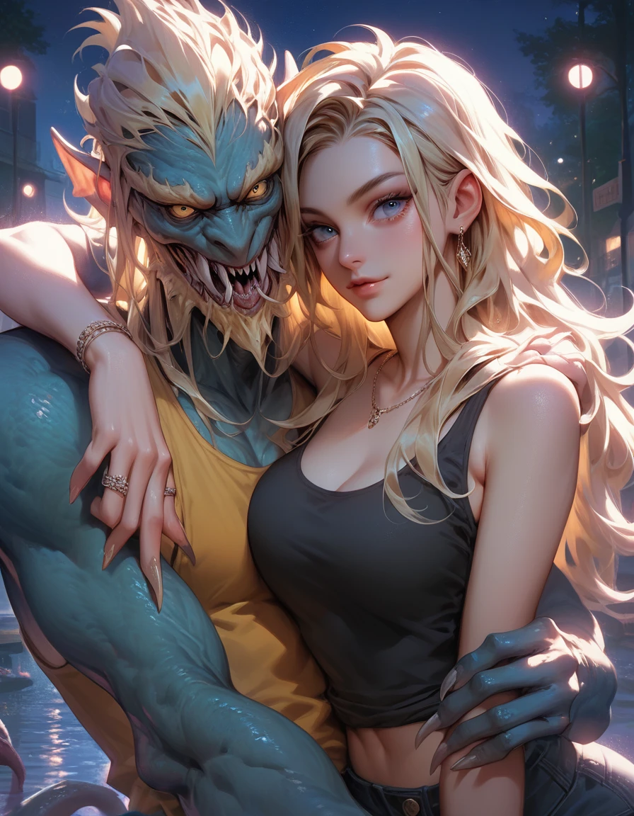 score_9, score_8_up, score_7_up, score_6_up, 1girl, blonde hair, long hair, tank top, arm around shoulder, looking at viewer, night, 1boy, monster, single claw, couple, 