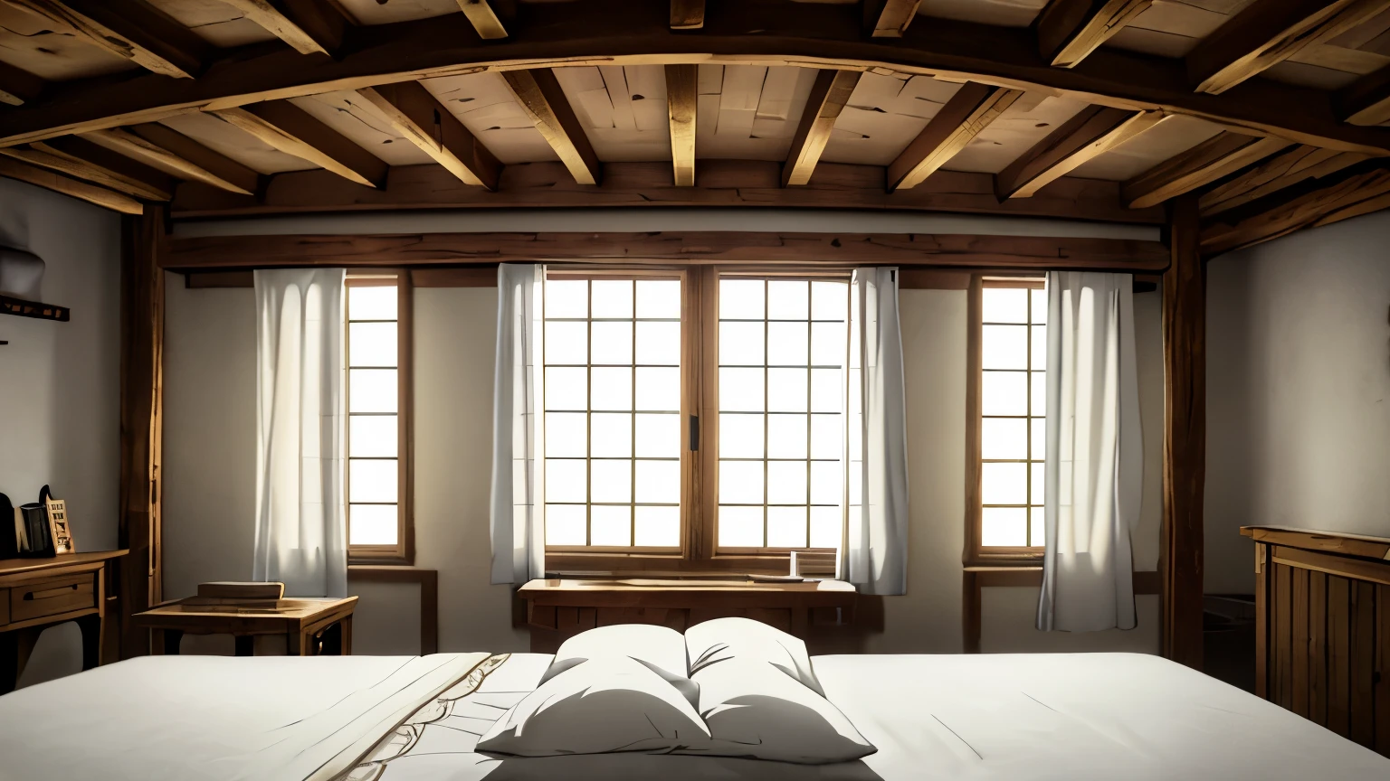 medieval bedroom on the second floor, rustic wooden design, large arched windows with a view of a forest. Wooden beams, stone walls, medieval furniture, cozy bed, warm natural light, detailed wood textures, peaceful and rustic atmosphere, manga style, monochrome, 4k, high quality, ((black and white))