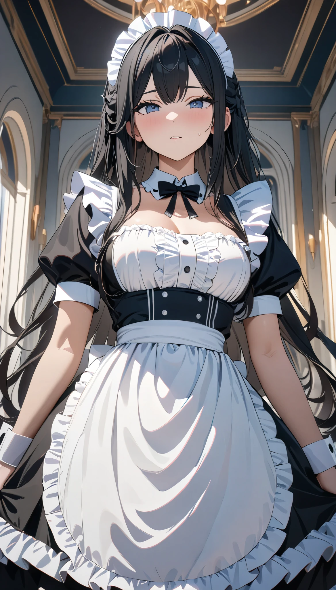 ((( best quality, 8K, masterpiece: 1.3)), (( best quality)), ((masterpiece)), ( detailed ), perfect face , a maid with long black hair, She looked at me, her thick hair dripping , a maid costume with frills . She served in the royal court , High Resolution , textured skin , anime style, shiny hair , Long hair, Maid headdress