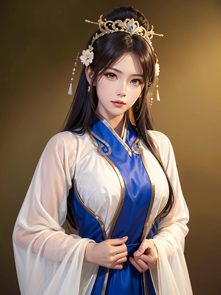 ancient chinese princess ， A girl wearing Hanfu, visual audience，,  beautiful girl 、Delicate body, Exquisite Eyes , Big 、Long hair,、Hair accessories Han Dynasty、Eternal,whole body、Lower Body，Three Kingdoms， (solid color background,,  simple background), Smoky environment, Adds a touch of mystery and drama to the scene. Soft and even lighting, Casts soft shadows, Create an atmosphere of seriousness and focus.