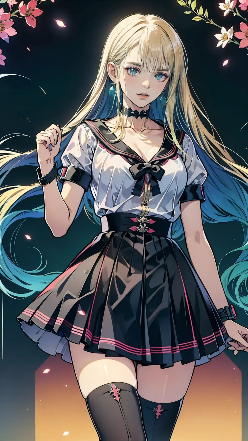 masterpiece, Best Quality, whole body, 1 person, bangs, black  choker, black tie, blonde, blue skirt, ,  bracelet, Chest,  choker, clothes Surrounding Area waist, clavicle, collared shirt,  cowboy shot, dress shirt, ear Earrings,  eyebrows visible through hair,  gradient hair , Green, Improve,  JEWELRY, Kogal, Long Hair,  viewers, loose tie, tie, Earrings, Check pattern, Check pattern skirt, pleated skirt, Red eyes, ring,   school uniform, shirt, skirt, smile, Alone, white shirt, street, null, cherry blossoms, petal, woman, Vibrant,  Costume, stop temporarily, Front, colorful, dynamic,   background, element, Be confident,  Performance , holding, statement,  accessories, Majestic, Swirl, Surrounding Area, touch, ,  to get noticed, Impressive, 【Contemporary,  trend fashion,Shadowy Face　、 BEAUTIFUL GIRLS、とてもcute天使、Pink T-shirt、cute、baby face、smile、ロングskirt、 black long boots 、.(Best Quality,4K, Kampala,masterpiece:1.2), very detailed ,Realistic:1.37,