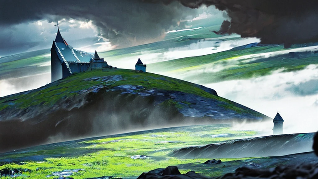 A dark, towering castle sits ominously on a jagged cliff overlooking the icy Sea of Ghosts. The castle is massive, with blackened stone walls covered in frost and snow, giving off an eerie, ancient feel. The stormy sea crashes violently against the rocks below, and heavy clouds gather in the dark sky above. A foreboding atmosphere fills the scene, as the castle looms over the desolate, frozen landscape