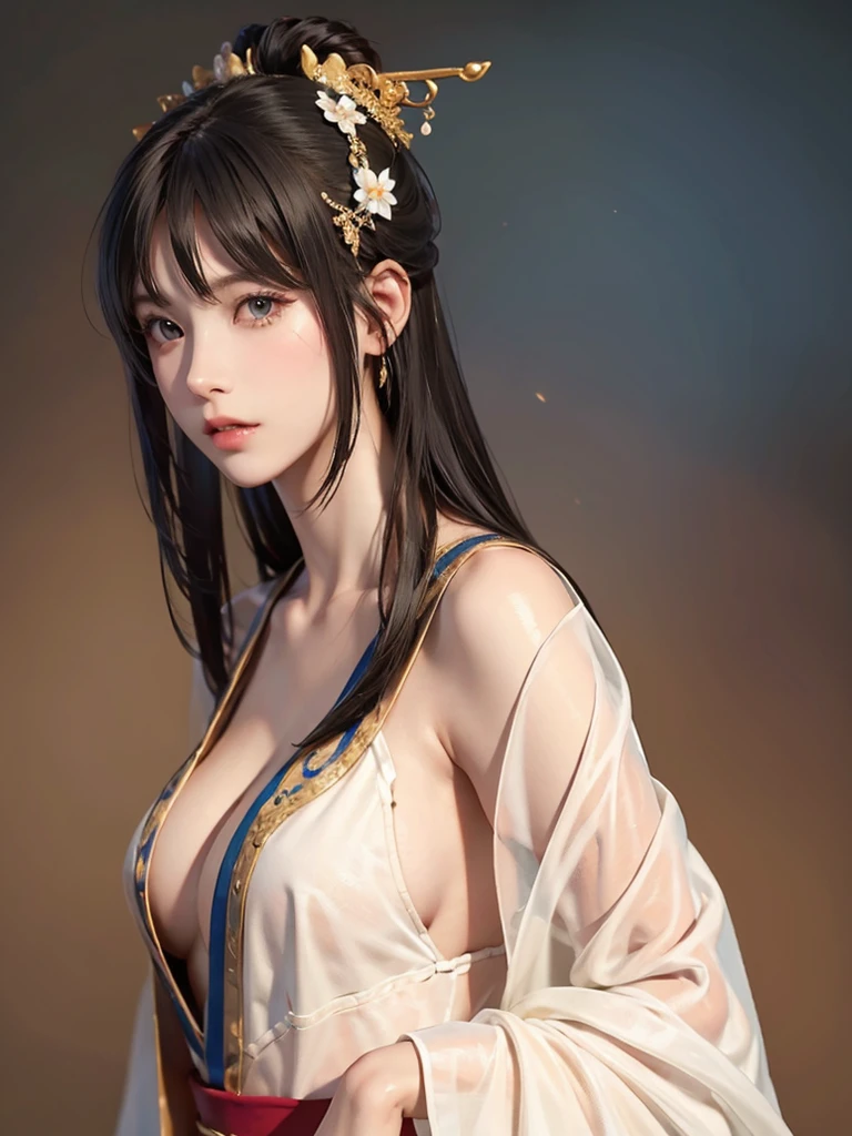 ancient chinese princess ， A girl wearing Hanfu, visual audience，,  beautiful girl 、Delicate body, Exquisite Eyes , Big 、Long hair,、Hair accessories Han Dynasty、Eternal,whole body、Lower Body，Three Kingdoms， (solid color background,,  simple background), Smoky environment, Adds a touch of mystery and drama to the scene. Soft and even lighting, Casts soft shadows, Create an atmosphere of seriousness and focus.