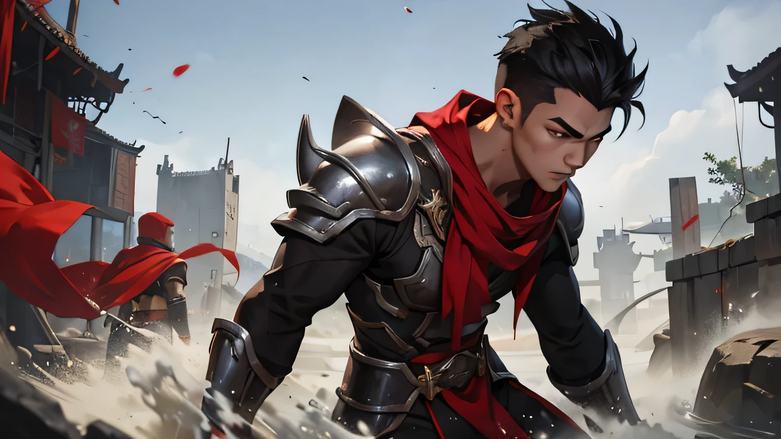 splash art of an eighteen year old boy, Asian, black hair, he has a perfect thin body, he is wearing silver armor with red cloths, dynamic pose next to other warriors, close up side image, divine beauty,