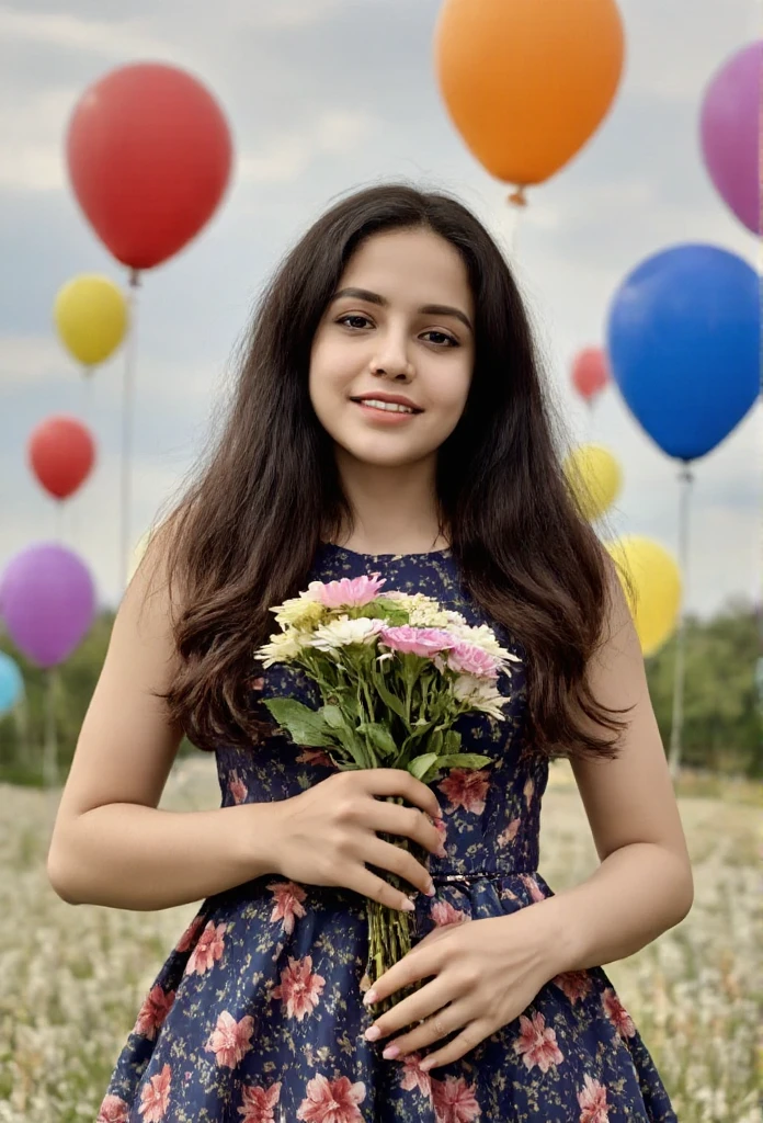 A girl holding flowers, wearing frockcolorful balloons floating in the sky, meadow, dancing, holding flowers, happy, happy, perfect quality, clear focus (clutter-home: 0.8), (masterpiece: 1.2) (Realistic: 1.2) (Bokeh) (Best quality) (Detailed skin: 1.3) (Intricate details) (8K) (Detail Eyes) (Sharp Focus), (Happy), Background texture "Ai_Indie1"