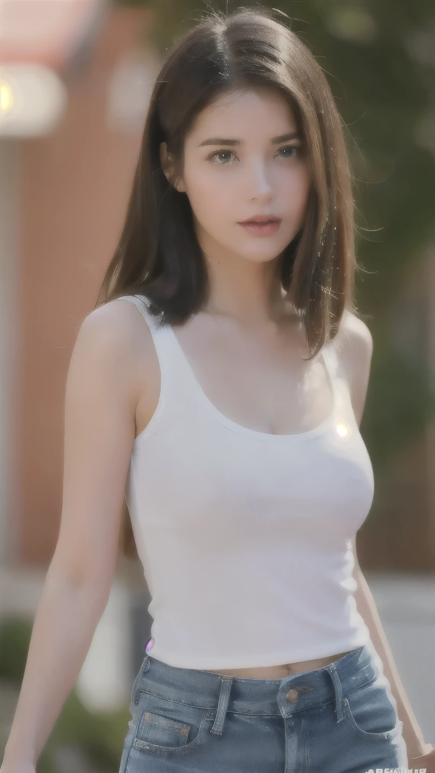 （realistic， high resolution：1.3），  a girl with a perfect body ， gorgeous face and eyes ， long hair ， Random color tank top：1.2， jeans shorts， big chest，expose cleavage, wearing a short skirt, Pussy Appearing,  beaked nipples coming out of the neckline, foto realistic