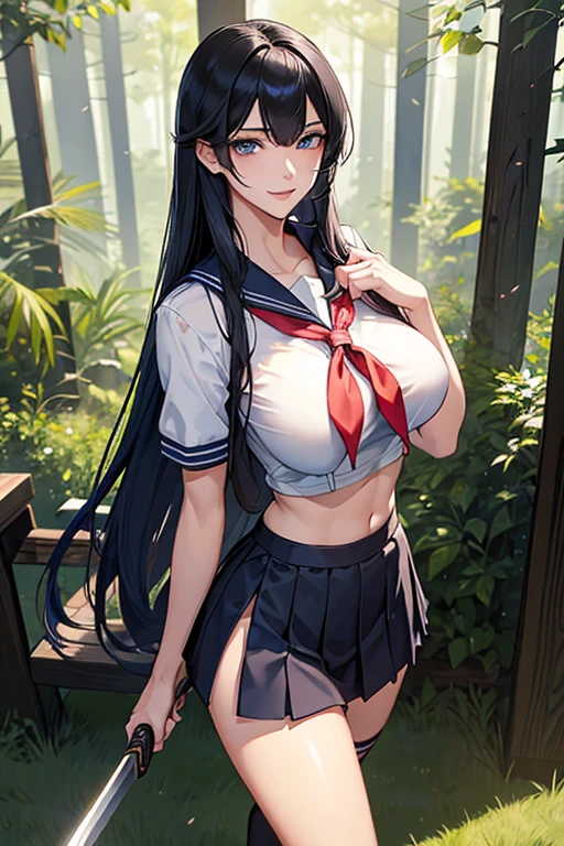 最High image quality, masterpiece, 4K, High image quality,  super high definition, Highest level of detail, CG drawing（ one cool adult seductive woman、）Hair、Black Hair、It has a glossy finish.。 Hairstyle、With long hair、 straight。  split bangs （The sideburns are、It is jumping。 長めの前Hair、Take it down、I will flush。）( sexy、She is a female swordsman.。 It is overflowing with seductive charm.。）He&#39;s quite tall.、Slender、Boobs、Big beautiful breasts。 （Sexually、Attractive body、Sharp、Limbs））Female swordsman with a Japanese sword。
。 （ and 、Sharp Eye、 long lashes ）（Blue Eyes。 beautiful eyes、Beautiful Lips。）（Perfect、Beautiful eyes）（To the female swordsman、The elements of girls and girls、Not at all、Mature adult woman）（ school uniform、nsfw、 mean sailor with short sleeves 、 myself and showing off 、breast、Pink nipples、I'm showing you 。 Belly button。 （Glossy、 dark blue super extreme short pleated miniskirt Panchira）、Black socks。

(Deep Forest Friends、Tall 、Grassland friends、A female swordsman、Standing Alone)
（The female swordsman、With red cheeks、 has a shy smile 。
 narrow waist、 toned body。