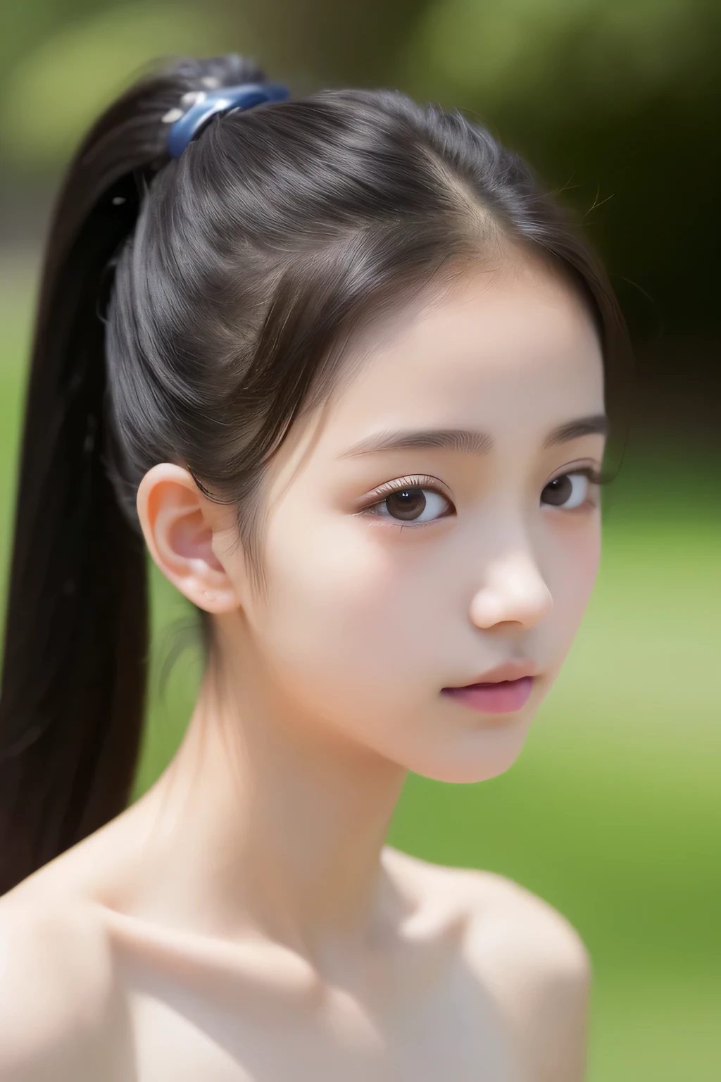 (top-quality、​masterpiece)、 pretty and clean high school student 、small人、、   black hair ponytail   、  ((Completely naked))、Beautiful Face、(slim, small, flat, small)、Detailed eyes、  black eyes  、  double eyelids  、Outside the house、wind、  Glowing Skin 、 Blurred Background 、