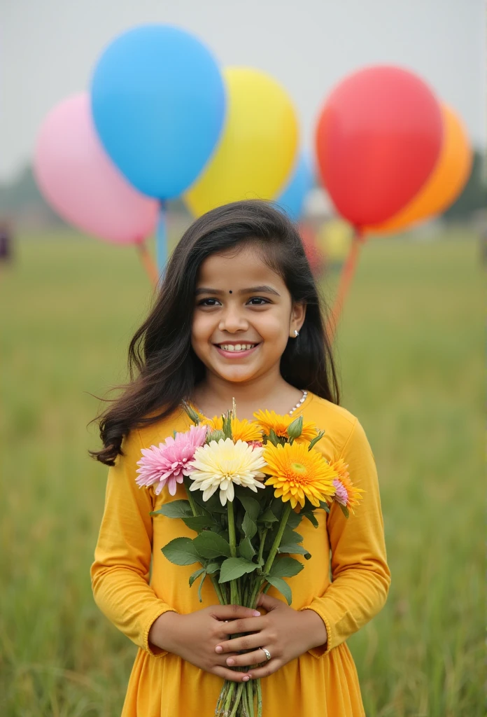 A girl holding flowers, wearing frockcolorful balloons floating in the sky, meadow, dancing, holding flowers, happy, happy, perfect quality, clear focus (clutter-home: 0.8), (masterpiece: 1.2) (Realistic: 1.2) (Bokeh) (Best quality) (Detailed skin: 1.3) (Intricate details) (8K) (Detail Eyes) (Sharp Focus), (Happy), Background texture written "Ai_Indie1" Vaishnavi 